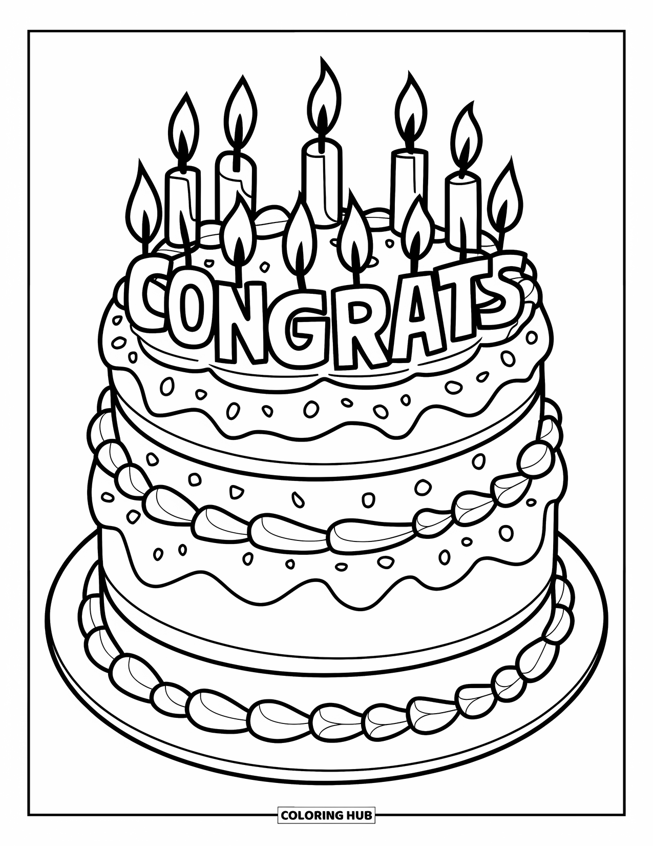 Congratulations Coloring Page for Kids: Three-tier cake topped with Congrats candles and sweet frosting