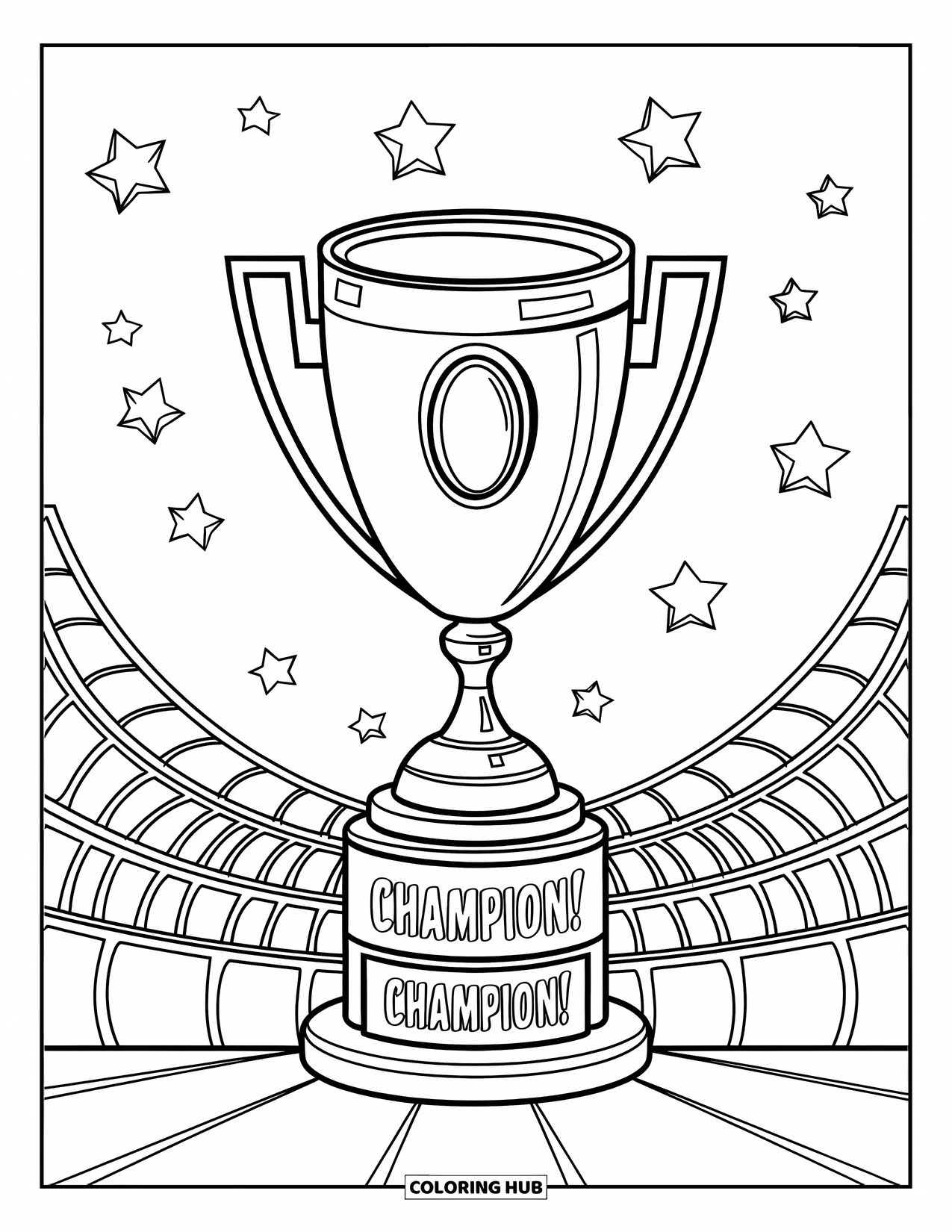 Congratulations Coloring Page for Kids: Trophy with gem top says Champion near stadium seats and starry skies