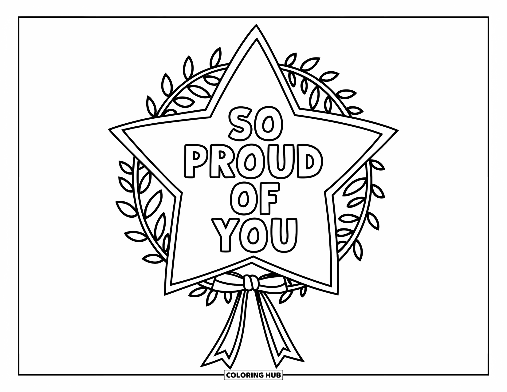 Congratulations Coloring Page for Kids: Wreath made of stars holds the words So Proud of You in the middle