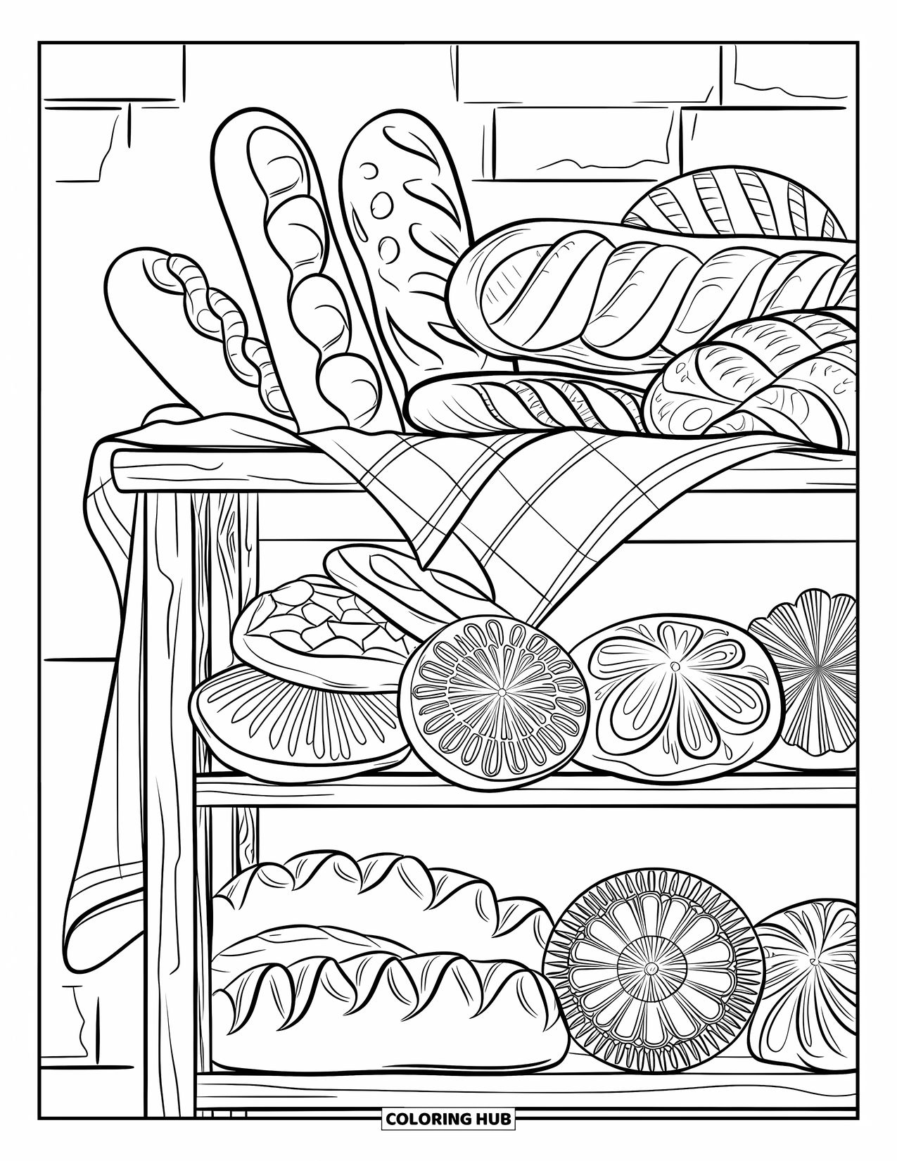 Cooking Coloring Page for Adults: A bakery shelf filled with loaves, pastries, and patterned bread