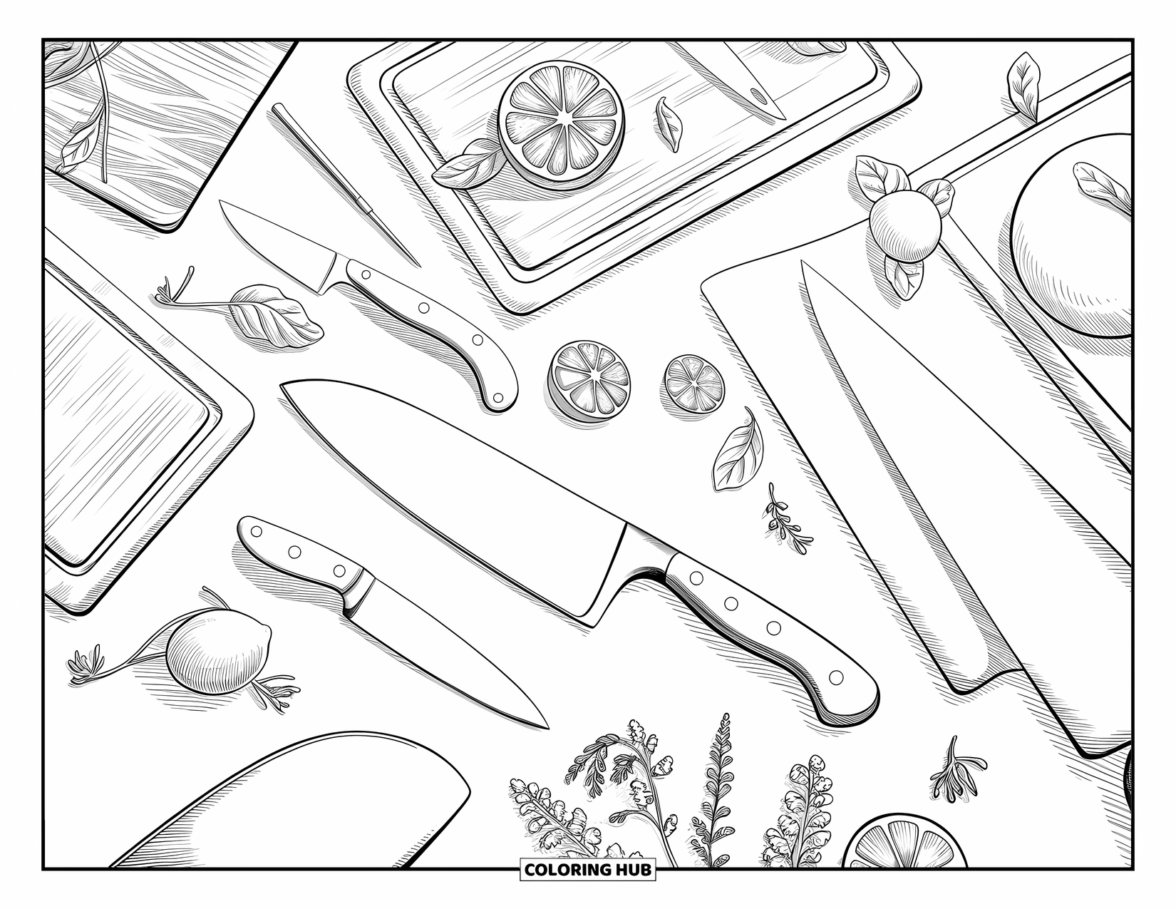 Cooking Coloring Page for Adults: A chef's station with knives, cutting boards, and fresh garnishes