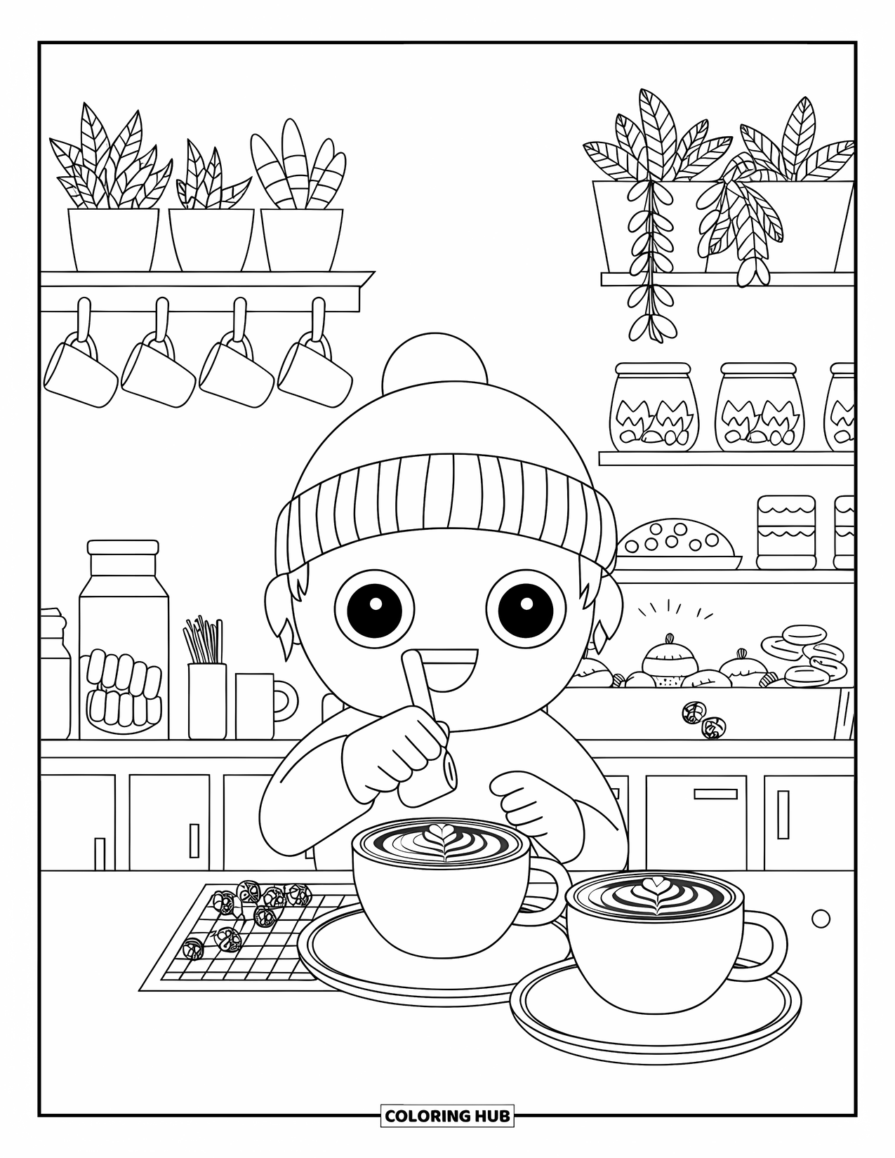 Cooking Coloring Page for Adults: A chibi barista making latte art in a cozy cafÈ