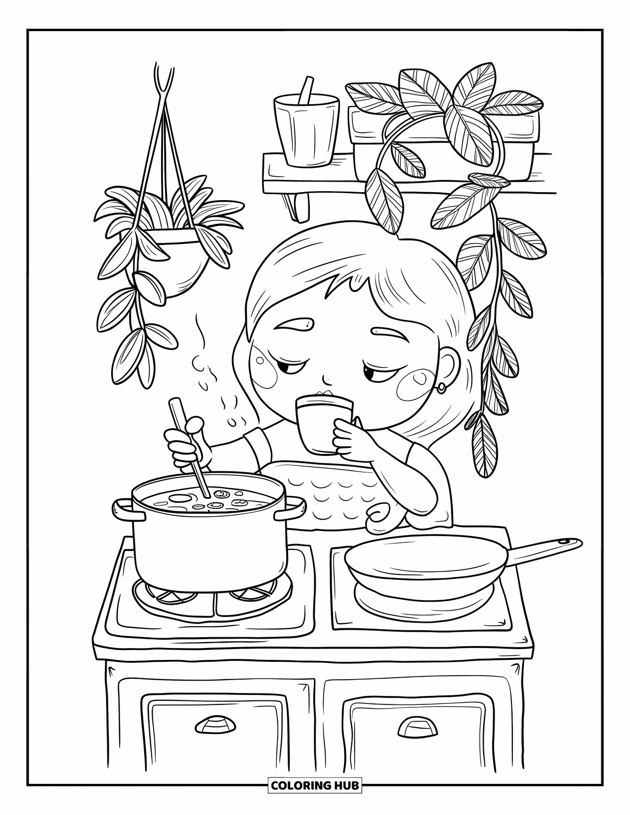 Cooking Coloring Page for Adults: A chibi character sipping cocoa while cooking on a stove