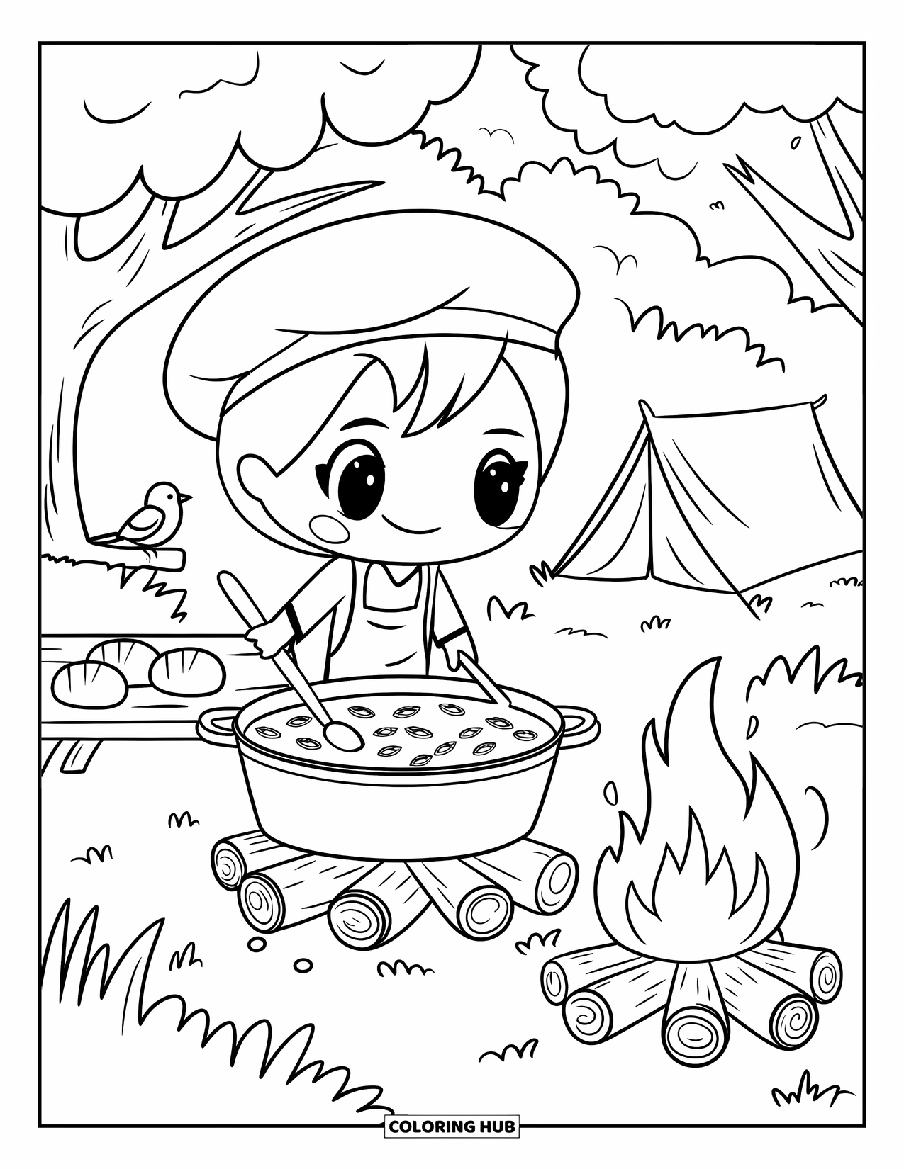 Cooking Coloring Page for Adults: A chibi cook stirring chili at a campfire with playful details