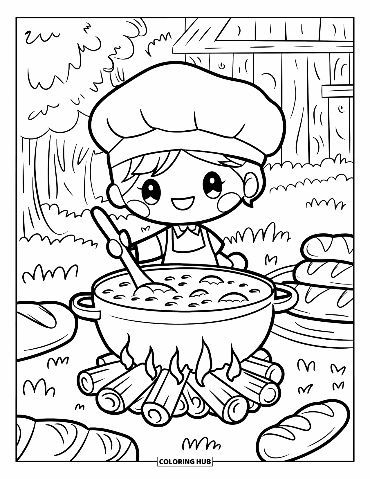 Cooking Coloring Page for Adults: A chibi cook stirring chili in a pot over a campfire