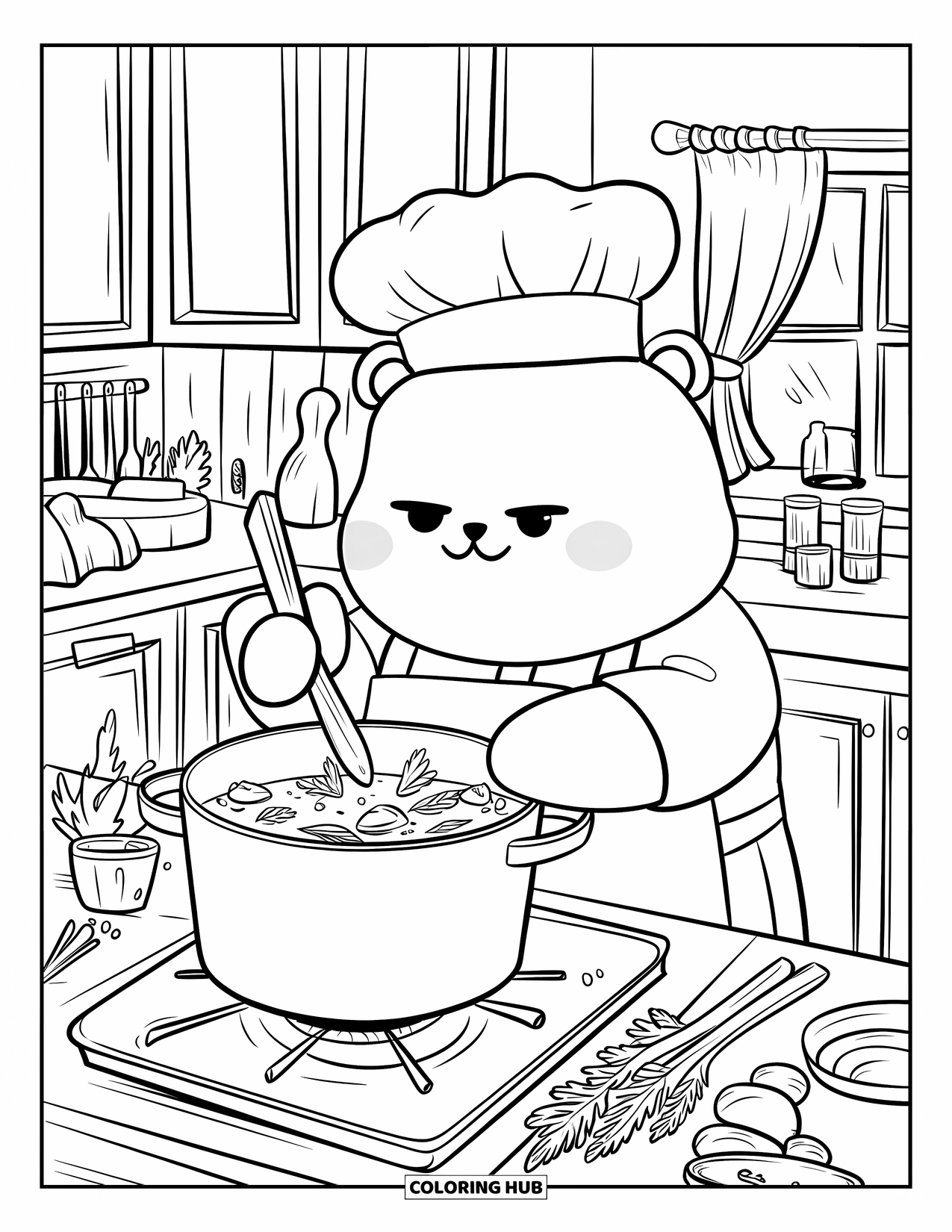 Cooking Coloring Page for Adults: A cozy kitchen scene with a bear chef cooking stew