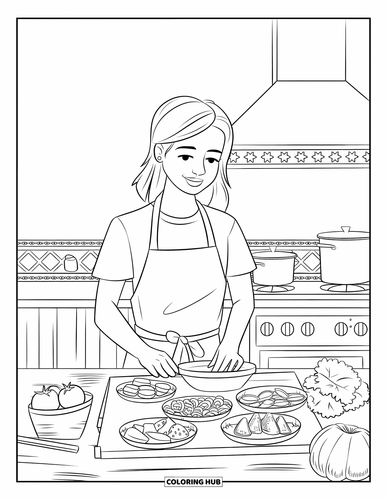 Cooking Coloring Page for Adults: A girl at the counter making tacos with fresh ingredients