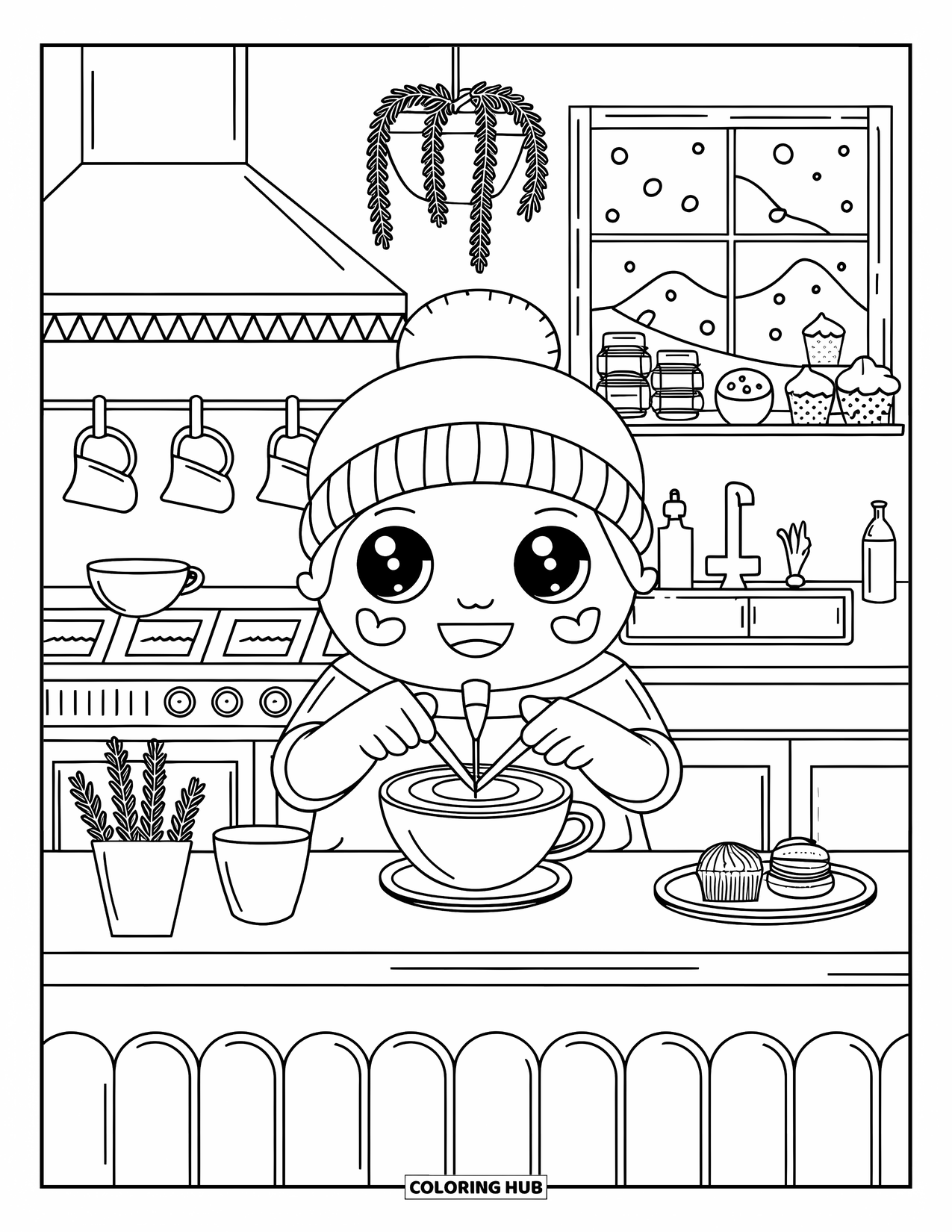 Cooking Coloring Page for Adults: A smiling chibi barista creating latte art in a cafÈ