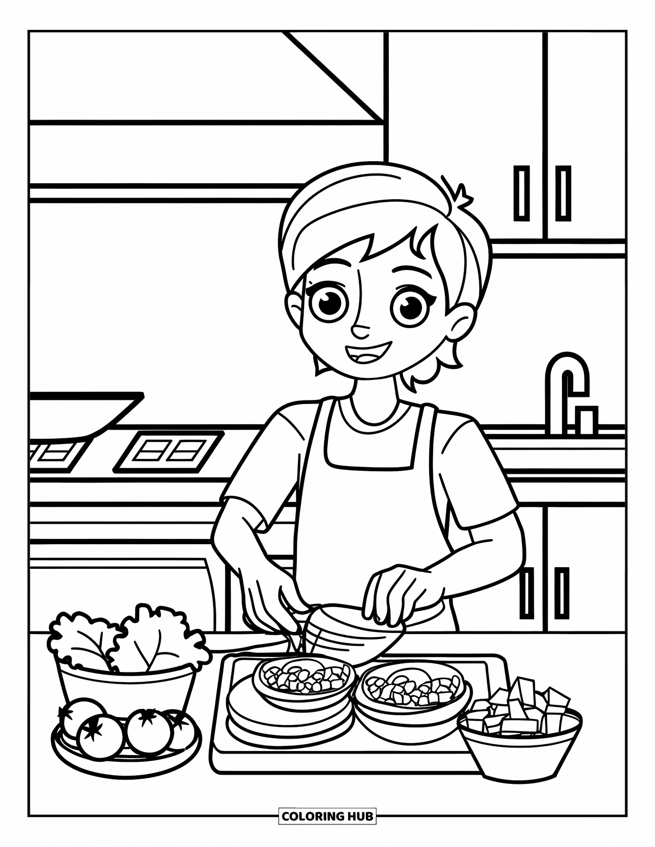 Cooking Coloring Page for Adults: A teen in an apron preparing tacos with lettuce, tomatoes, and cheese
