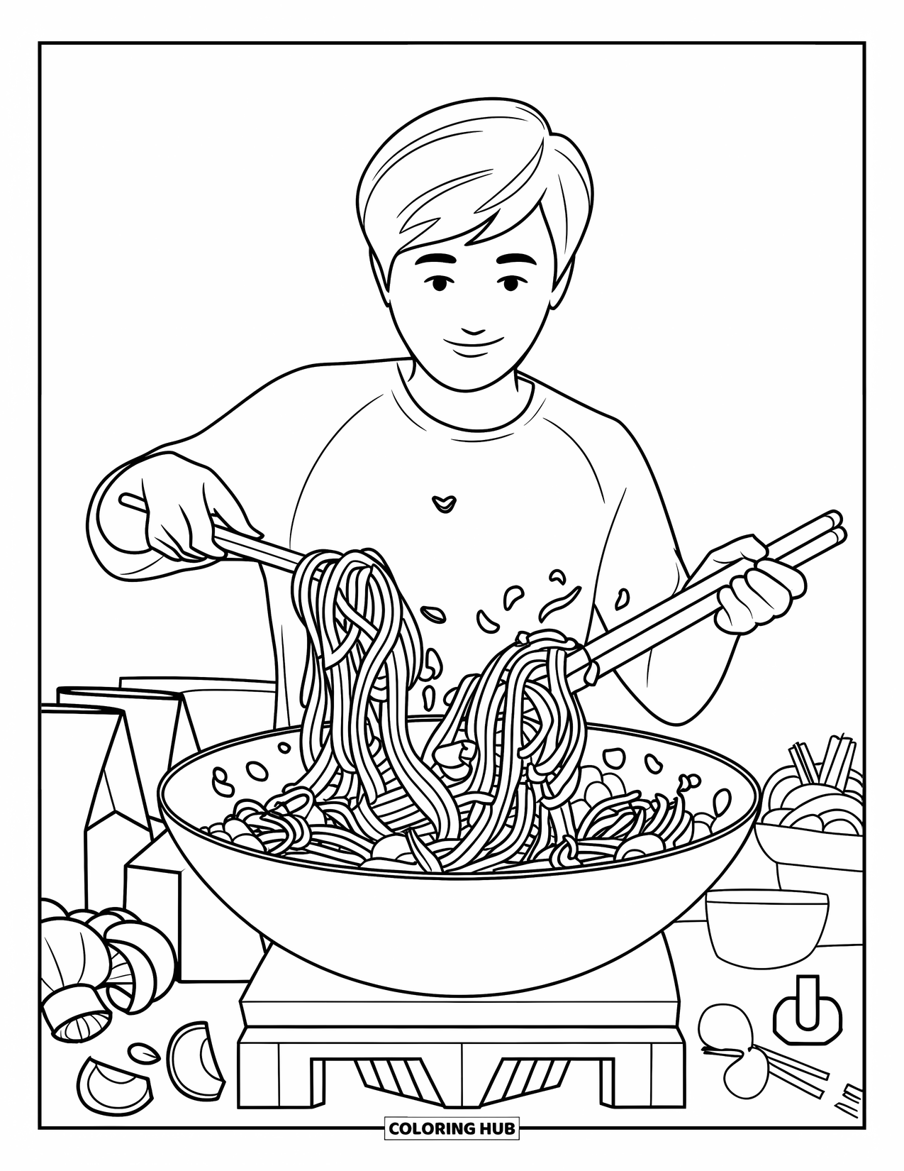 Cooking Coloring Page for Adults: A teen tossing noodles with vegetables surrounded by kitchen ingredients