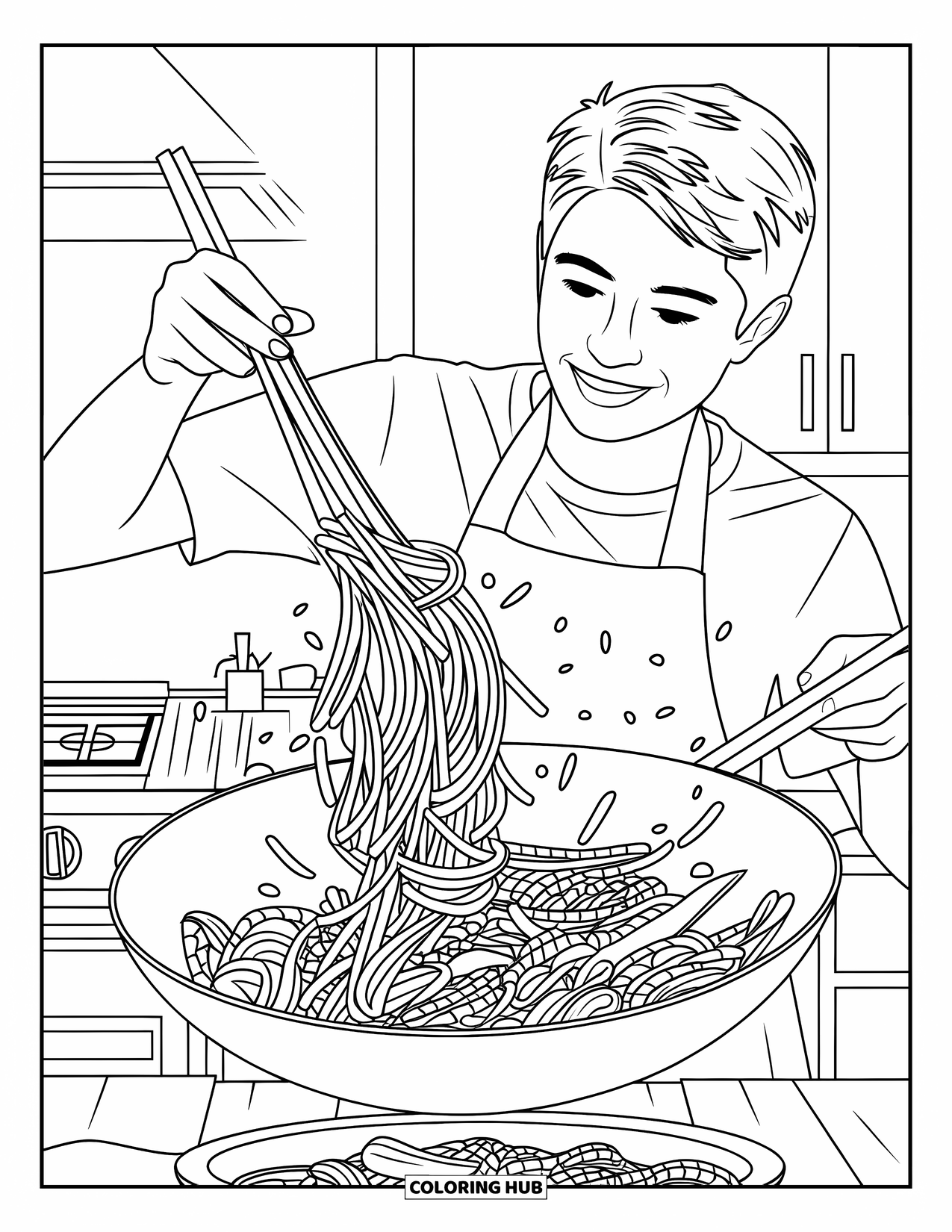 Cooking Coloring Page for Adults: A teen tossing stir-fried noodles in a wok on the stove