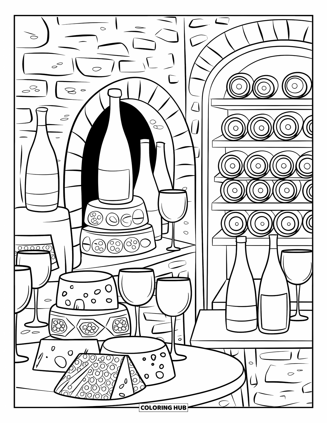 Cooking Coloring Page for Adults: A wine cellar with stacked bottles, cheese, glasses, and a candle