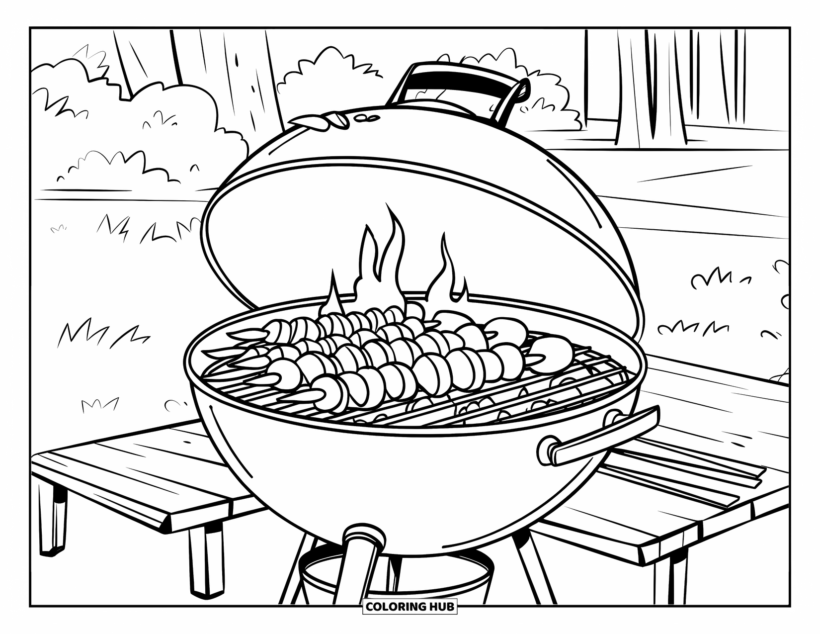 Cooking Coloring Page for Kids: A barbecue grill with skewers on a wooden table outdoors
