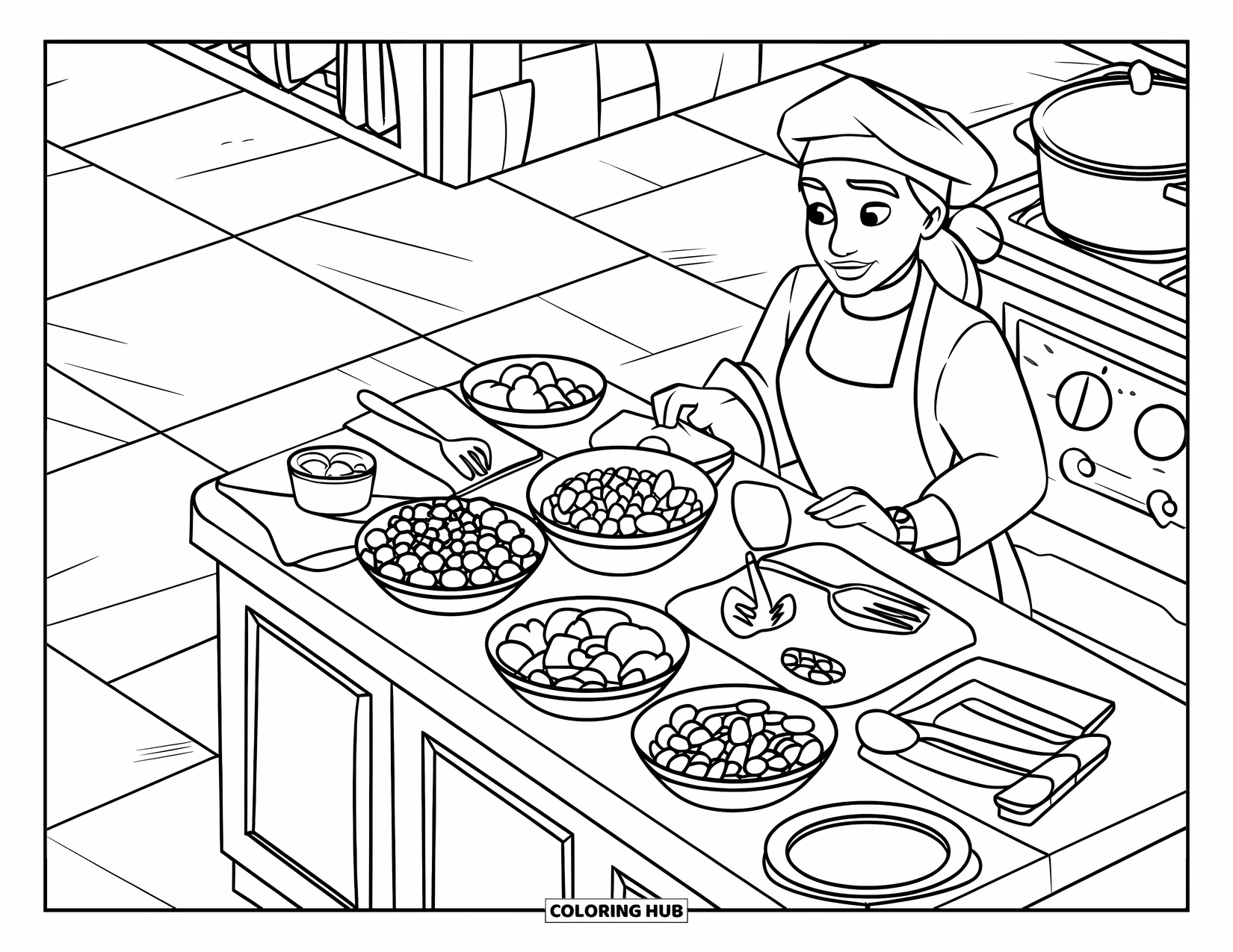 Cooking Coloring Page for Kids: A busy countertop filled with dishes, ingredients, and a chef cooking