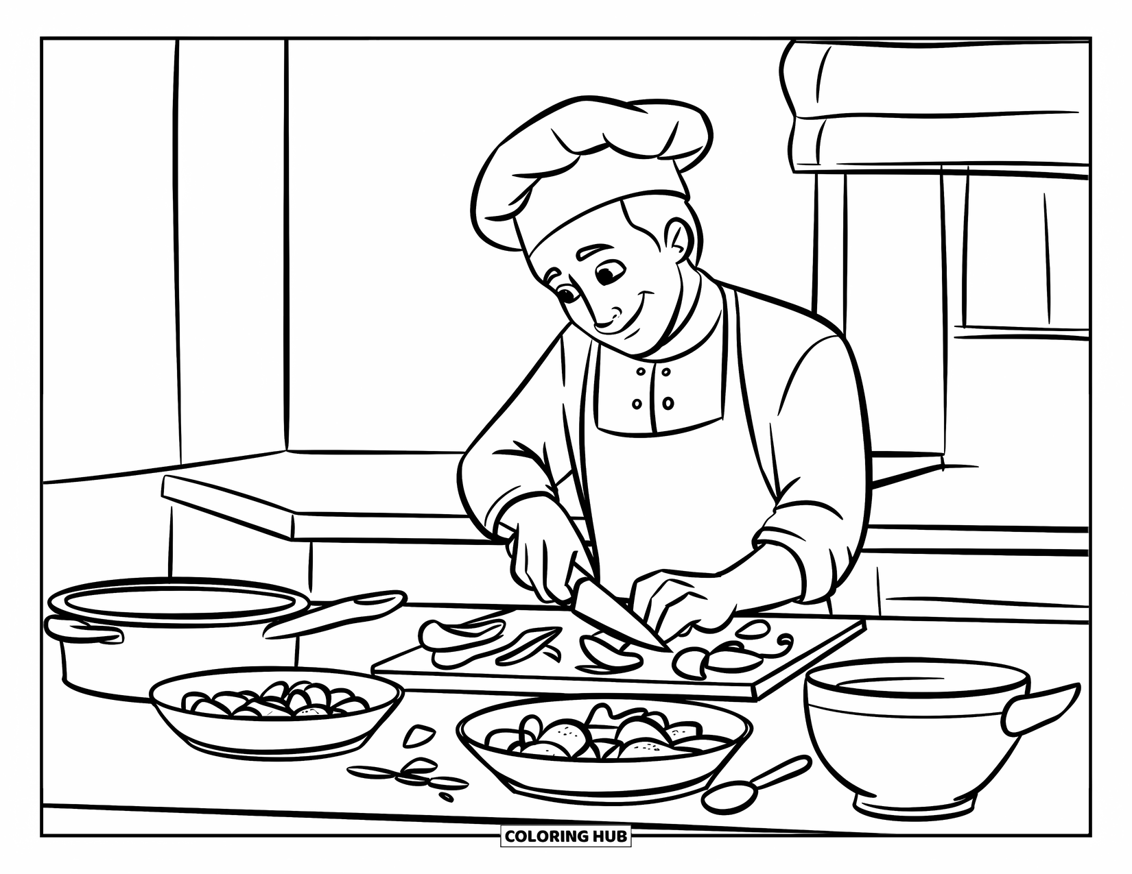 Cooking Coloring Page for Kids: A chef chopping vegetables with dishes spread across the counter