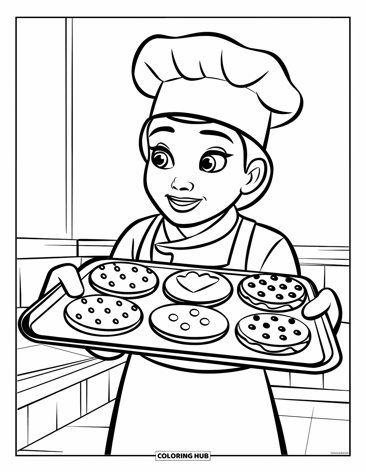 Cooking Coloring Page for Kids: A chef holding a tray of cookies with different patterns