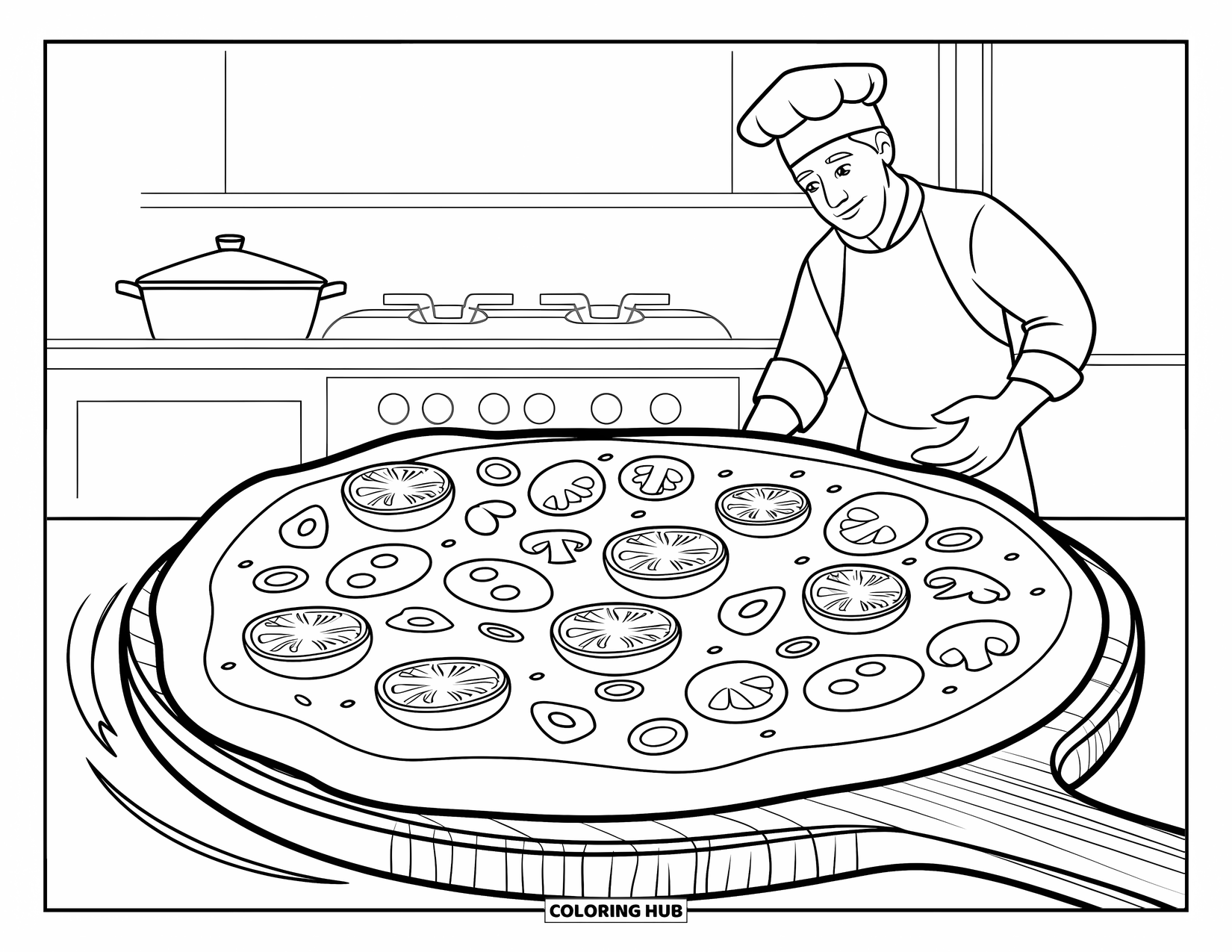 Cooking Coloring Page for Kids: A chef preparing pizza with toppings on dough in the kitchen