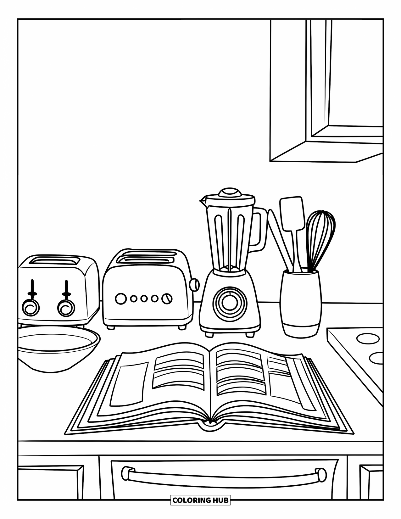Cooking Coloring Page for Kids: A counter with a toaster, blender, bowl, and an open recipe book