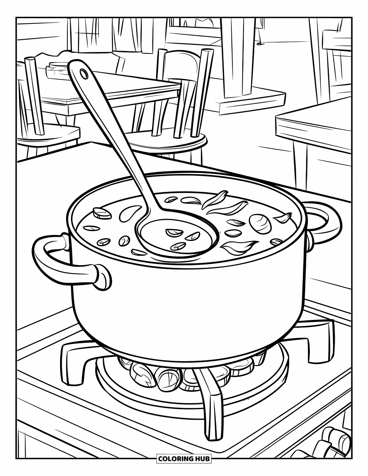 Cooking Coloring Page for Kids: A cozy kitchen with a pot of soup cooking on a stove