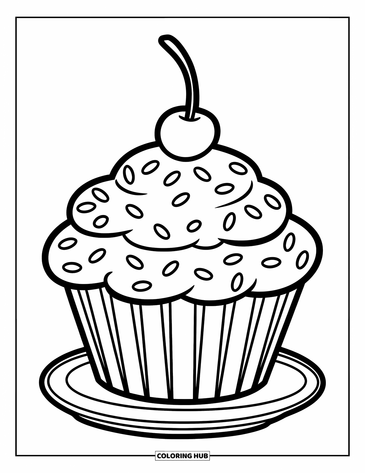Cooking Coloring Page for Kids: A cupcake topped with sprinkles and a cherry on a plate