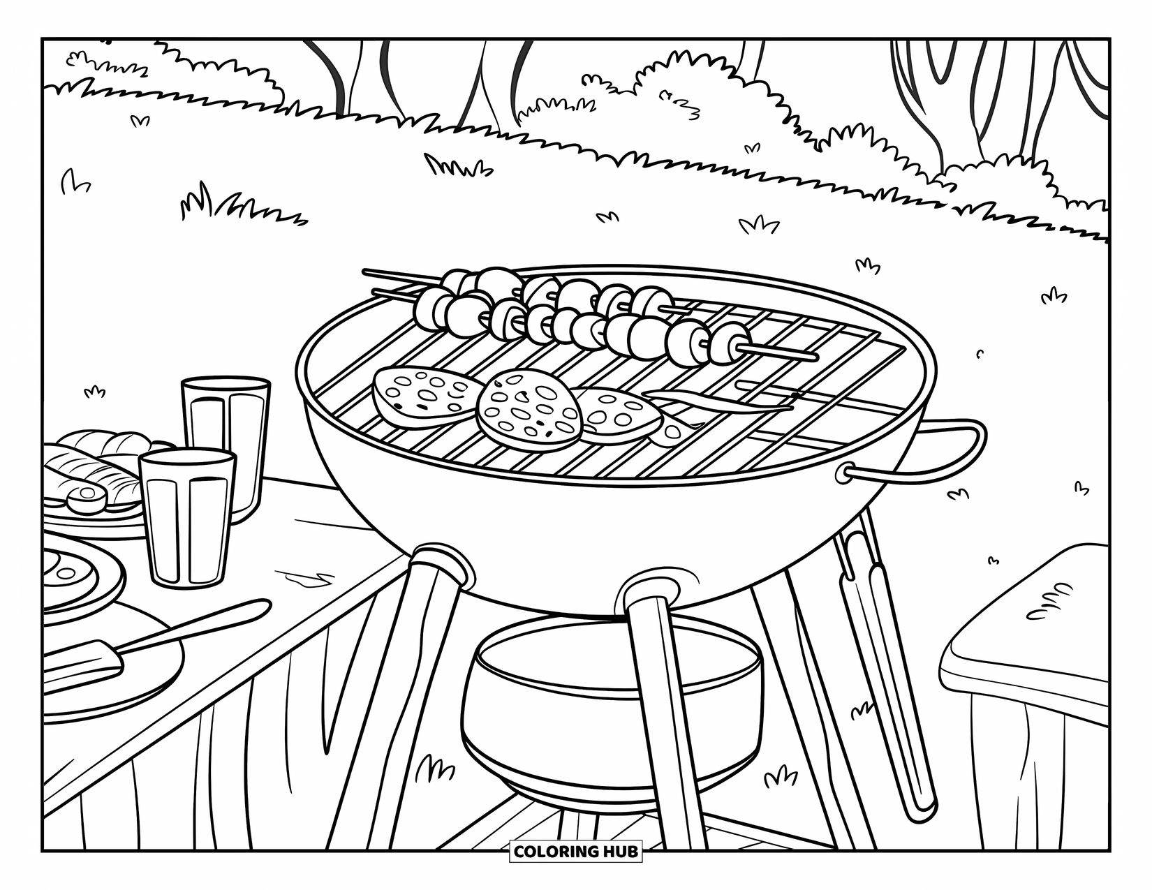 Cooking Coloring Page for Kids: A grill with skewers, food, and utensils in a grassy area