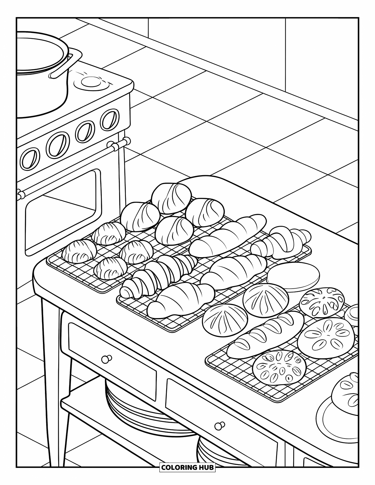 Cooking Coloring Page for Kids: A kitchen island with croissants, baguettes, and bread cooling