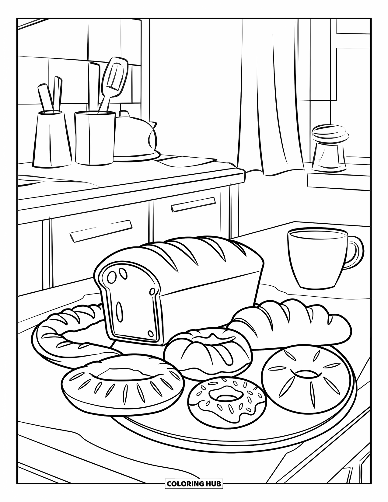 Cooking Coloring Page for Kids: A kitchen island with pastries, bread, and coffee on display