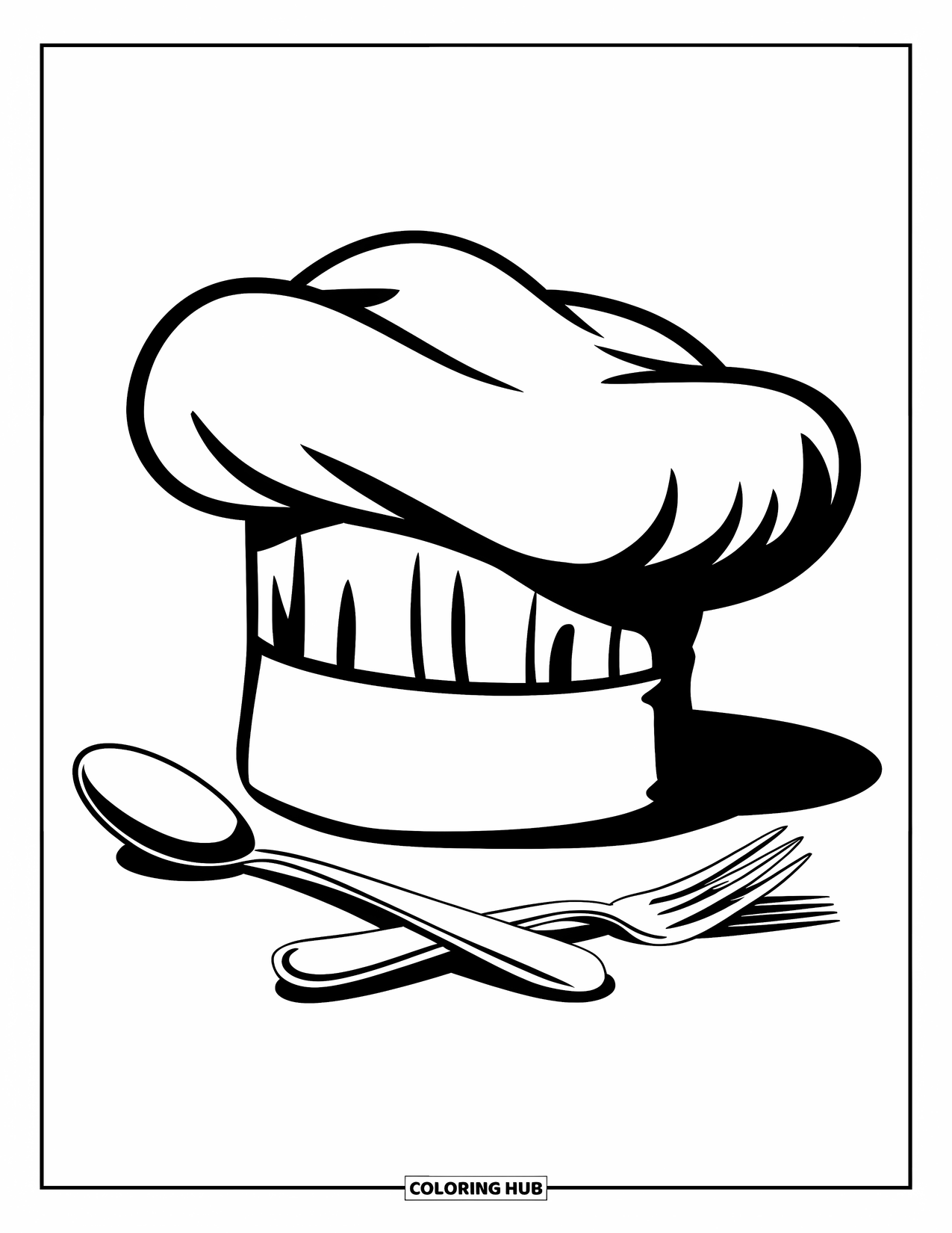 Cooking Coloring Page for Kids: A large chef hat with a spoon and fork next to it