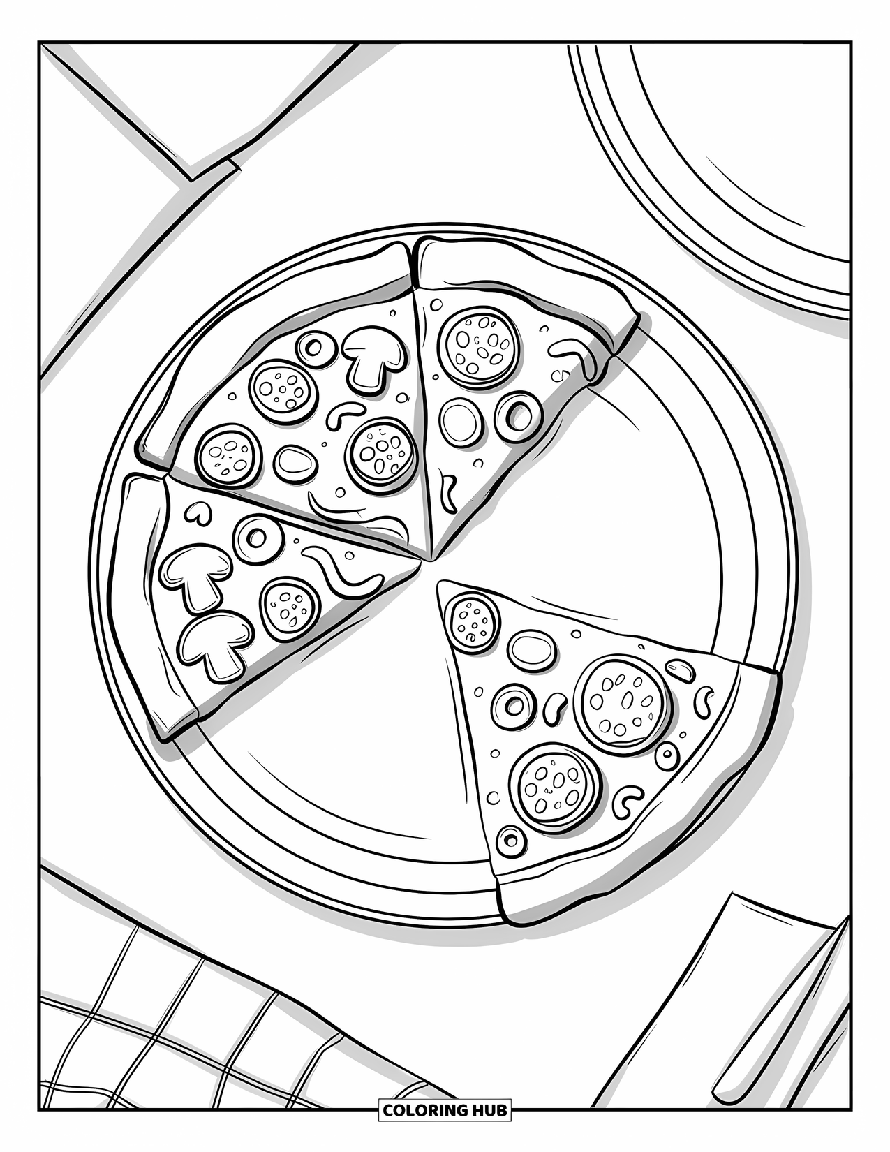 Cooking Coloring Page for Kids: A large pizza slice with pepperoni, mushrooms, olives, and peppers
