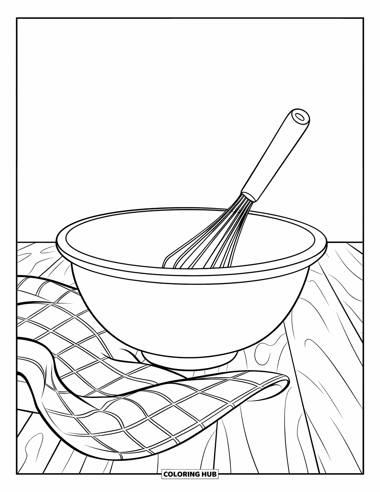 Cooking Coloring Page for Kids: A mixing bowl with a whisk and a checkered cloth nearby