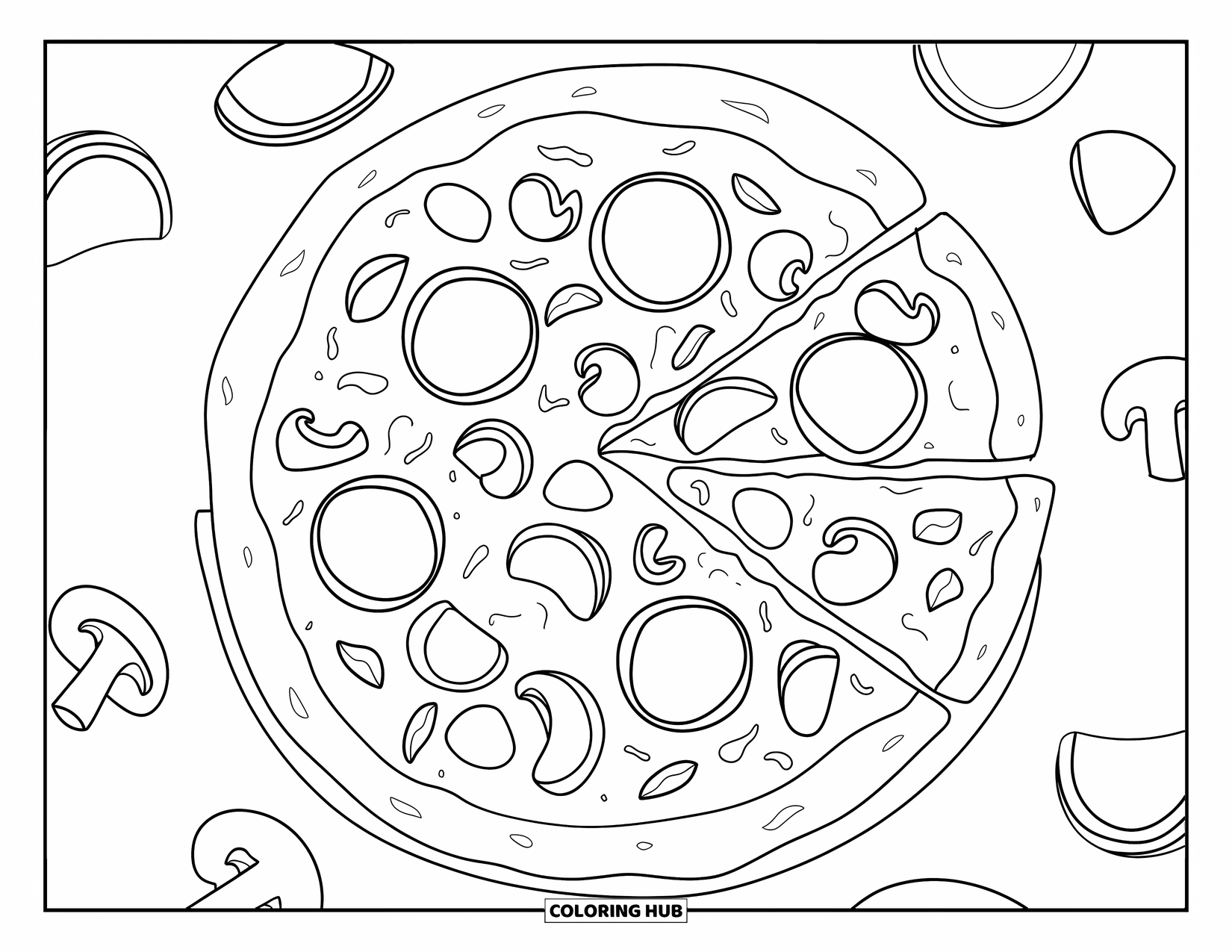 Cooking Coloring Page for Kids: A pizza being prepared with toppings like pepperoni, mushrooms, and peppers