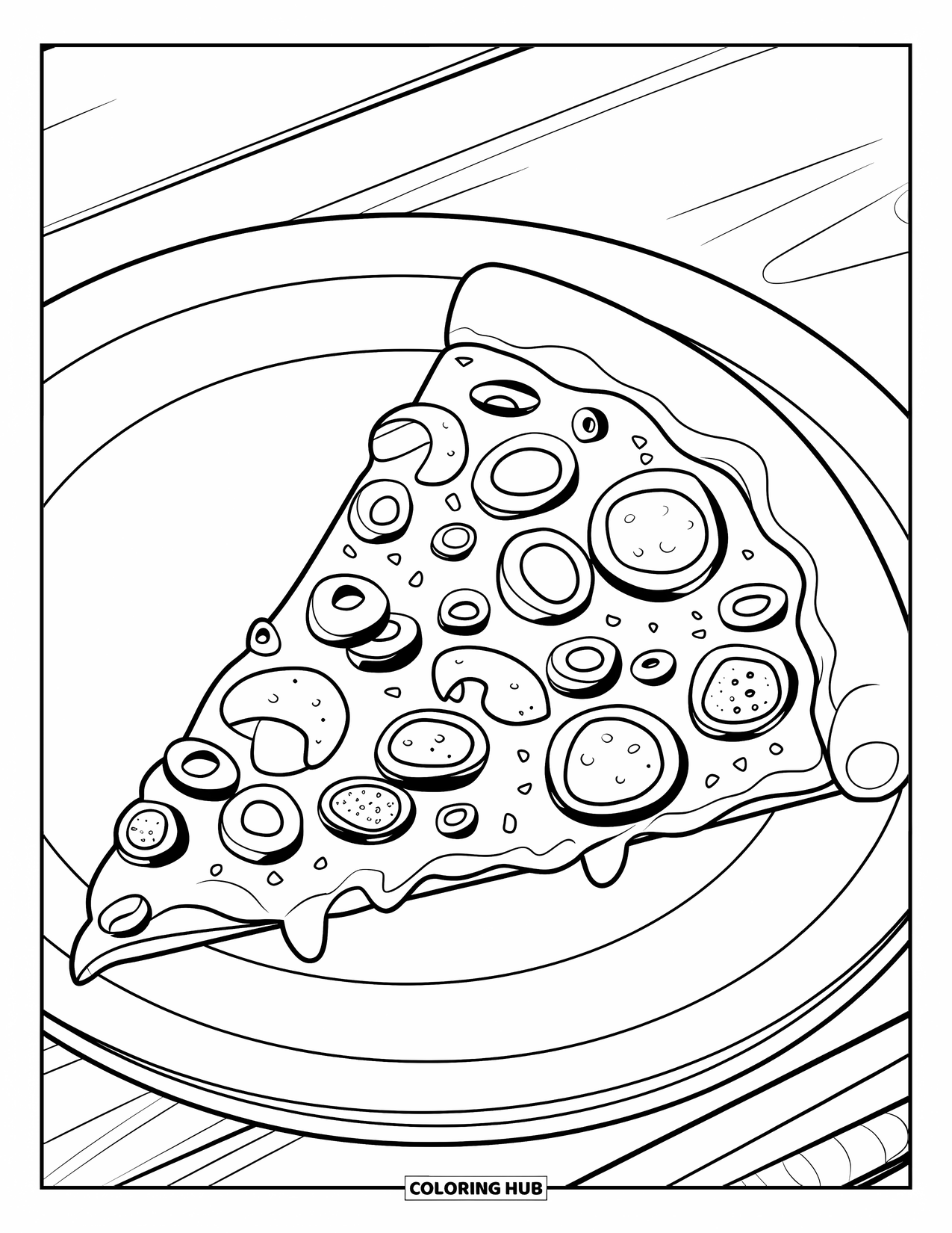Cooking Coloring Page for Kids: A pizza slice topped with sauce, cheese, and assorted vegetables