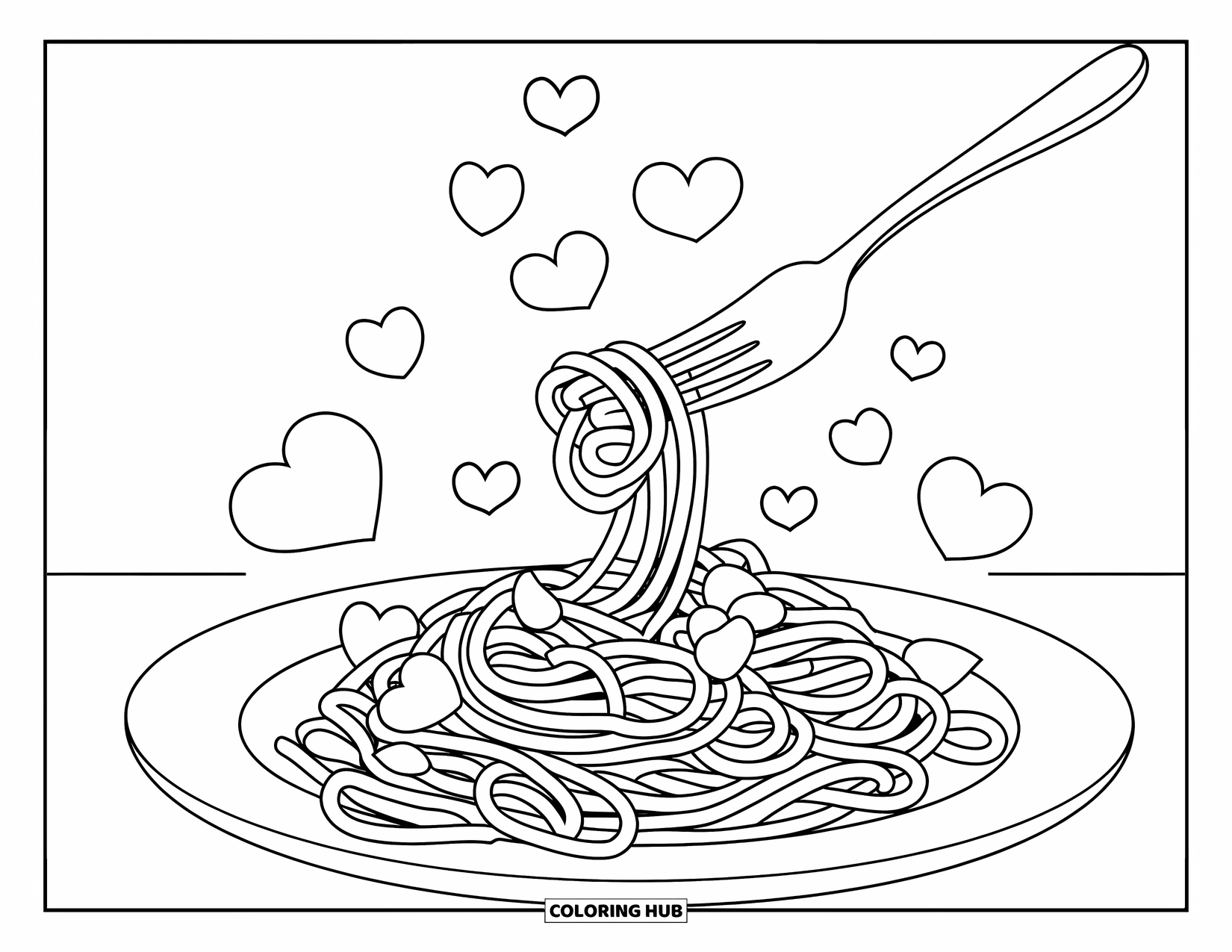 Cooking Coloring Page for Kids: A plate of spaghetti with a fork twirling noodles and hearts