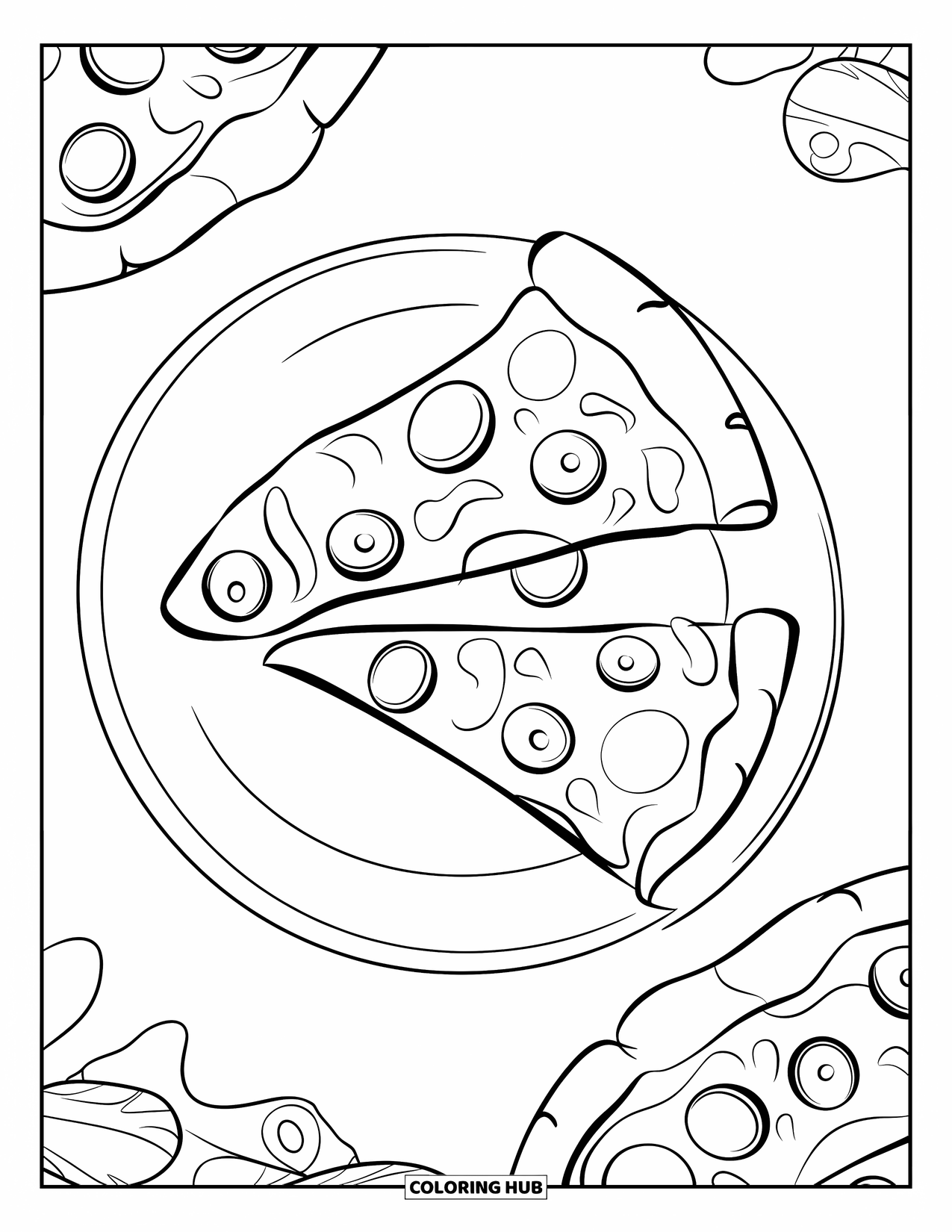 Cooking Coloring Page for Kids: A playful pizza slice with toppings on a plate