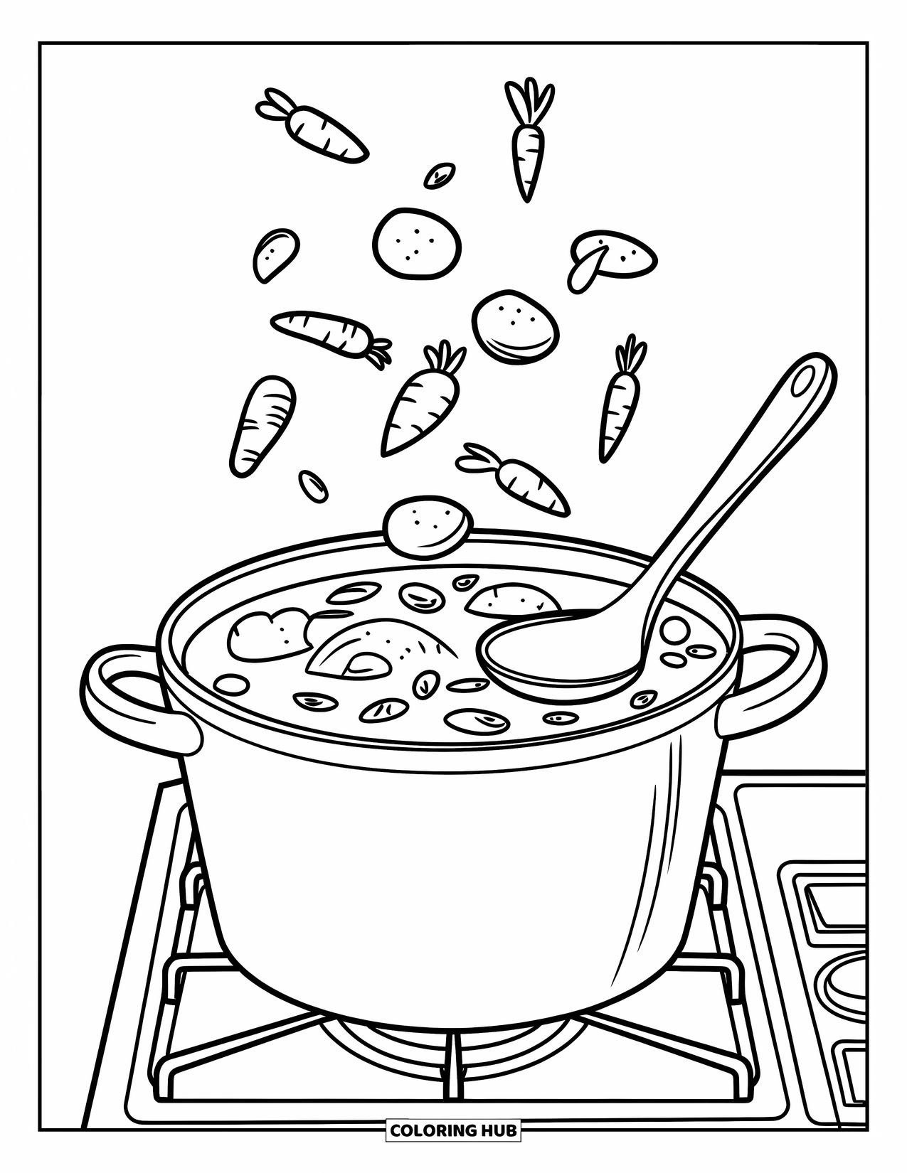 Cooking Coloring Page for Kids: A pot of soup with vegetables cooking on a stove burner
