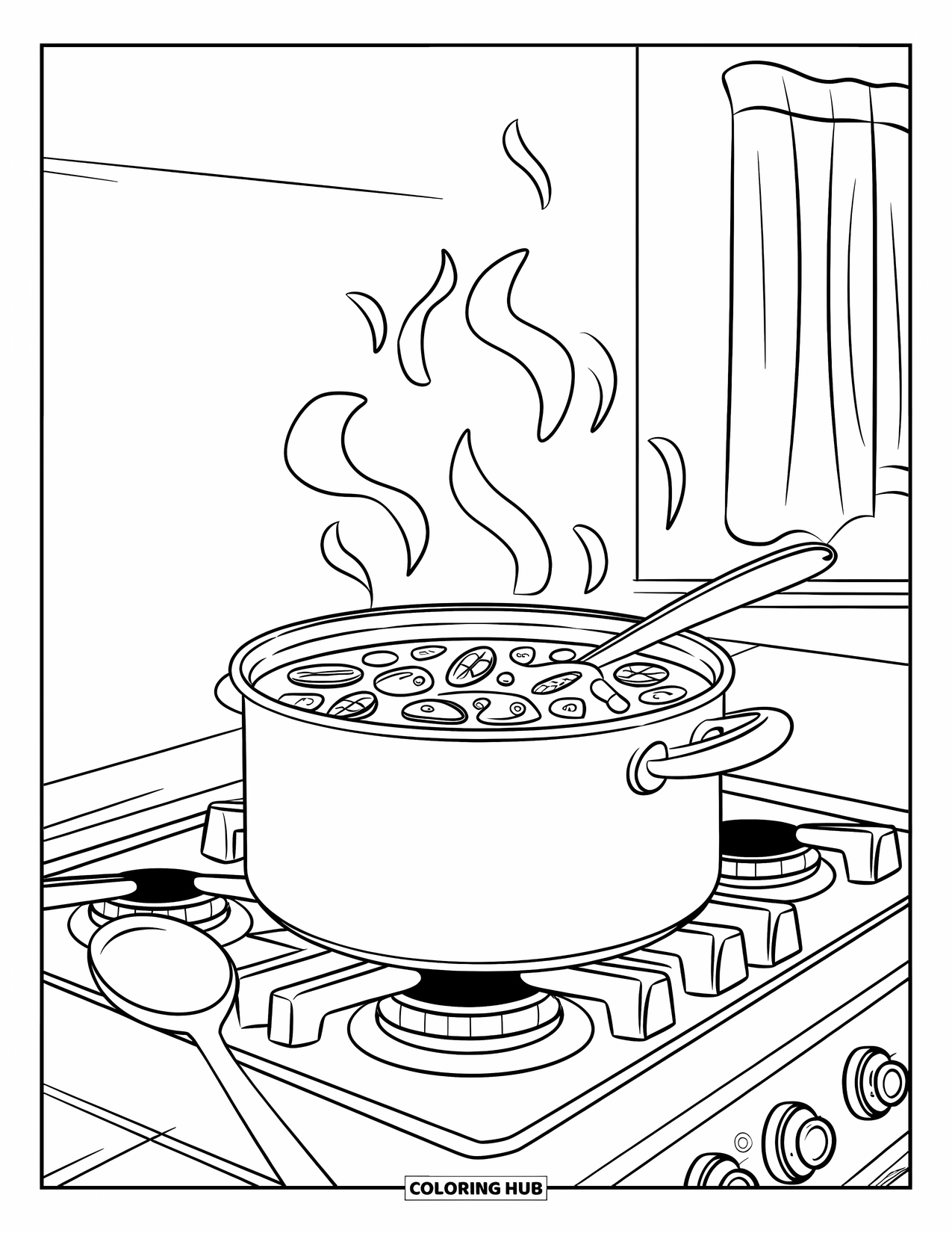 Cooking Coloring Page for Kids: A pot of soup with vegetables steaming on a stove