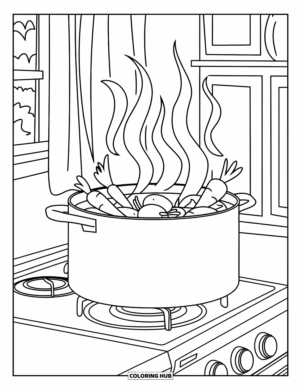 Cooking Coloring Page for Kids: A pot of vegetable soup steaming on the stove by a window