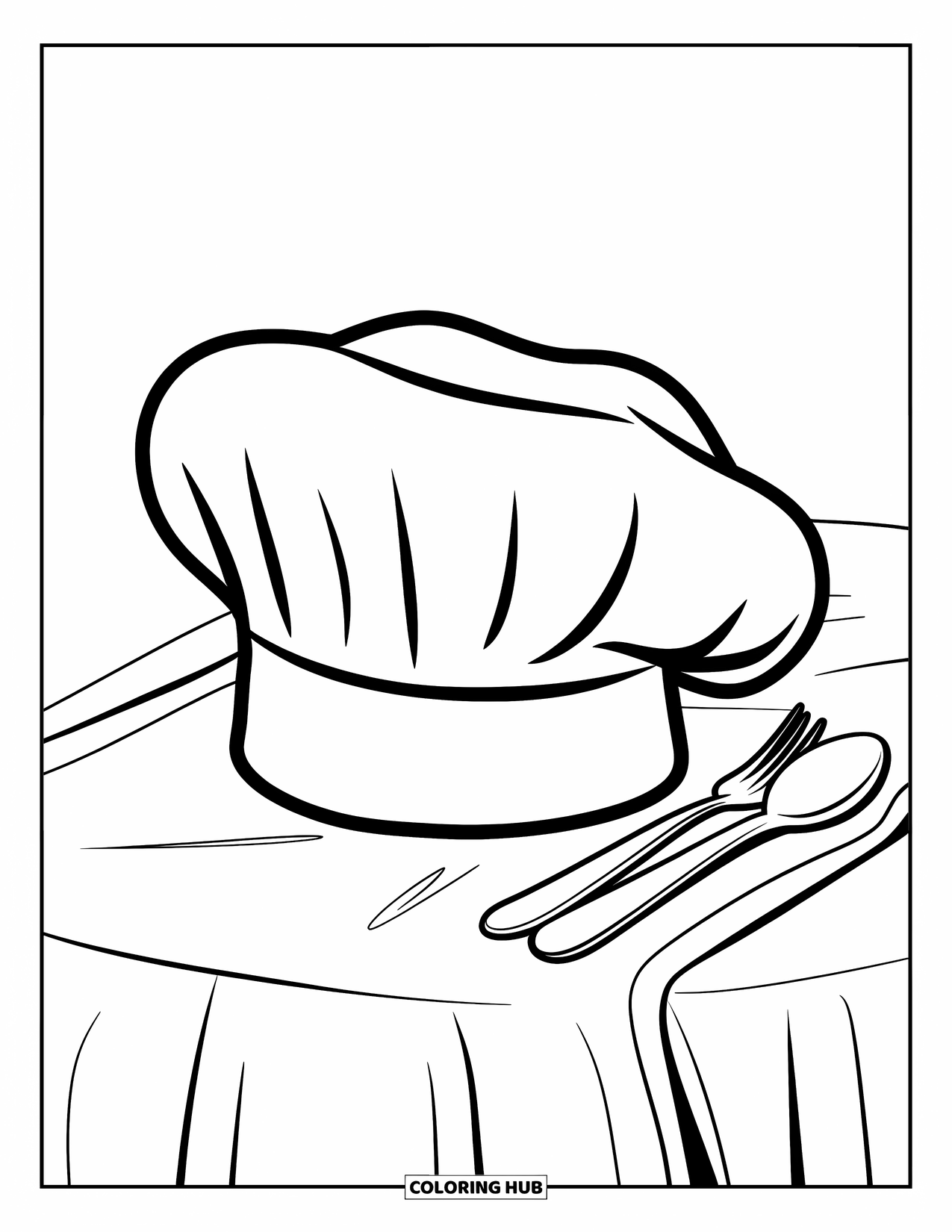 Cooking Coloring Page for Kids: A round chef hat on a table with a spoon and fork