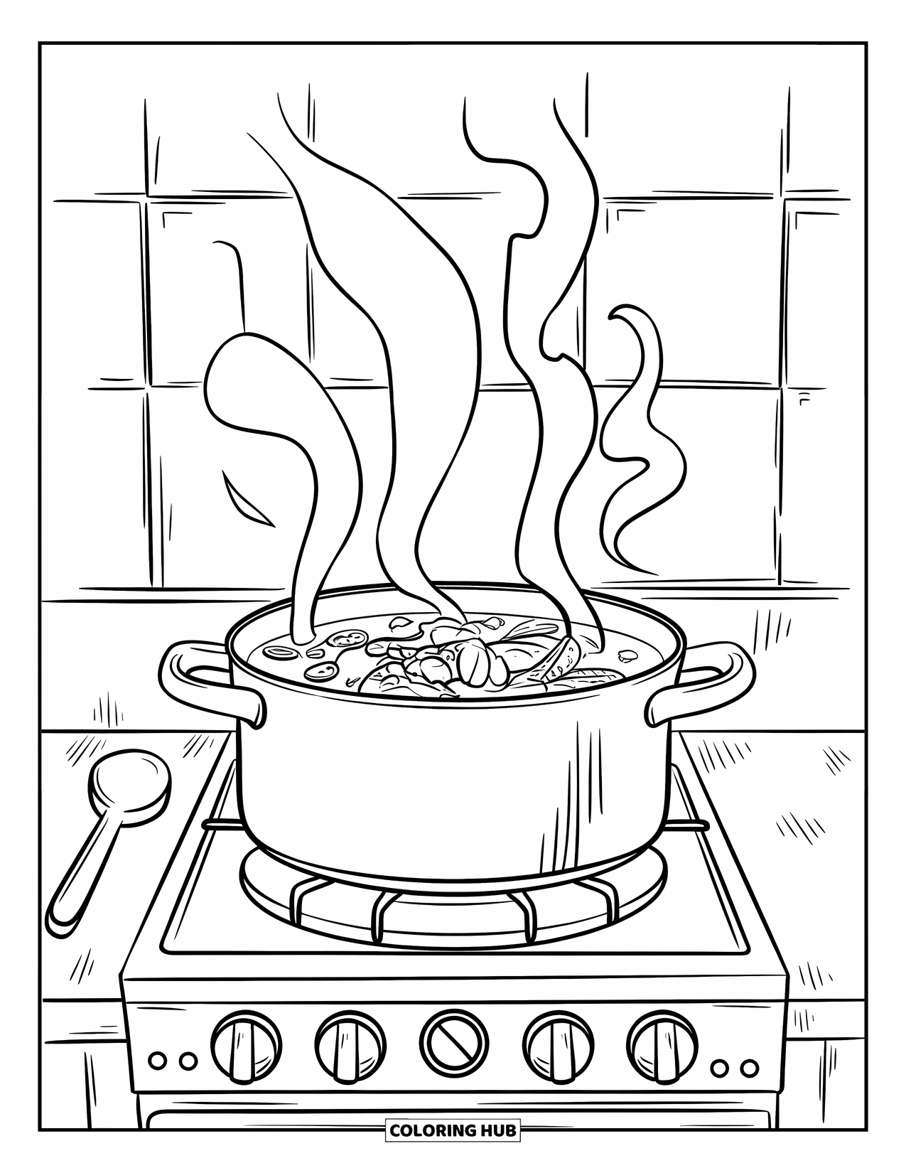 Cooking Coloring Page for Kids: A steaming pot of hearty soup with meat and vegetables on the stove