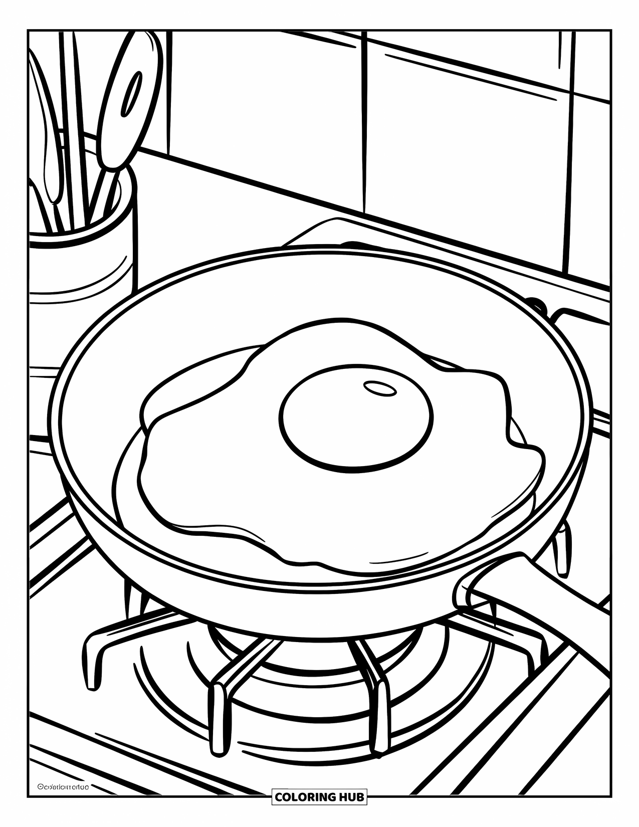 Cooking Coloring Page for Kids: A sunny-side-up egg in a pan on the stove with utensils nearby
