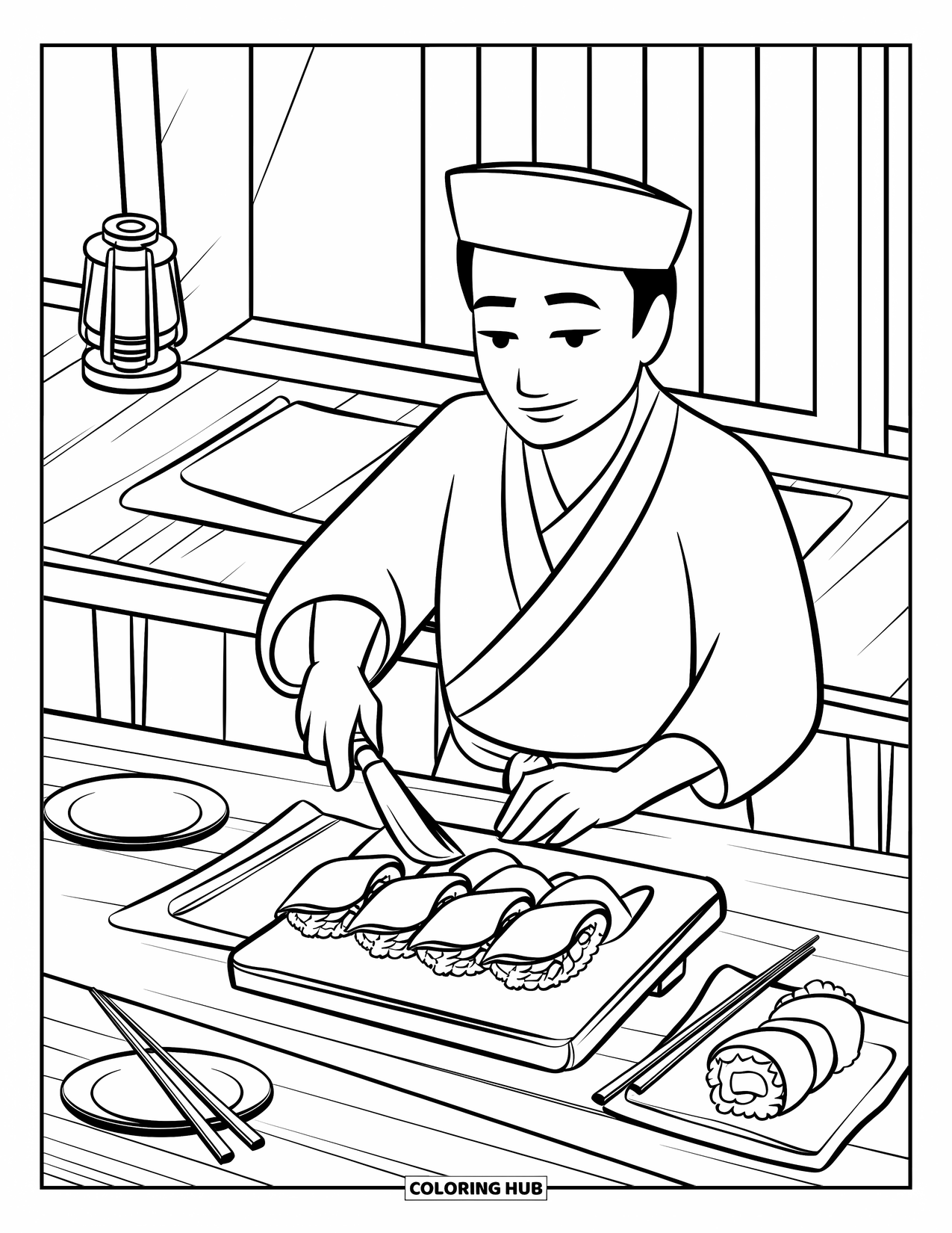 Cooking Coloring Page for Kids: A sushi chef preparing rolls with chopsticks and fresh ingredients