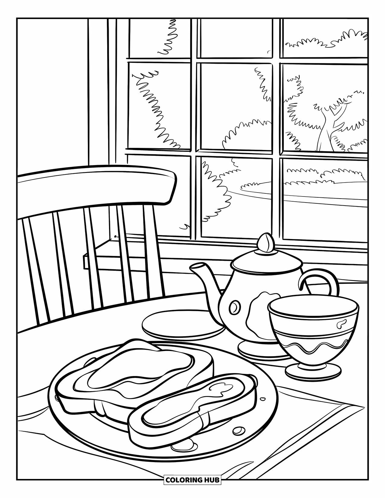 Cooking Coloring Page for Kids: A table with toast, jam, tea, and a window view