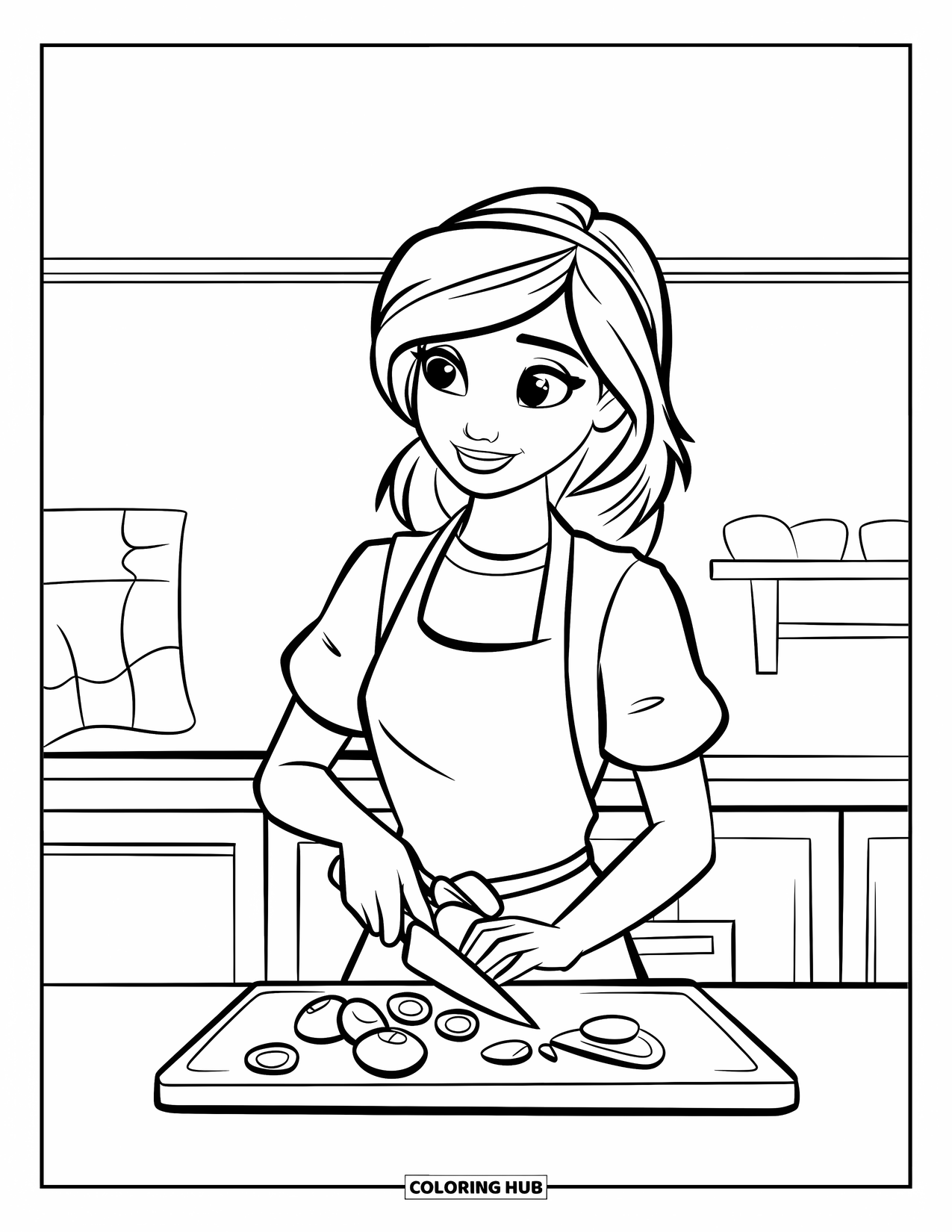 Cooking Coloring Page for Kids: A teen girl preparing vegetables with a knife in the kitchen