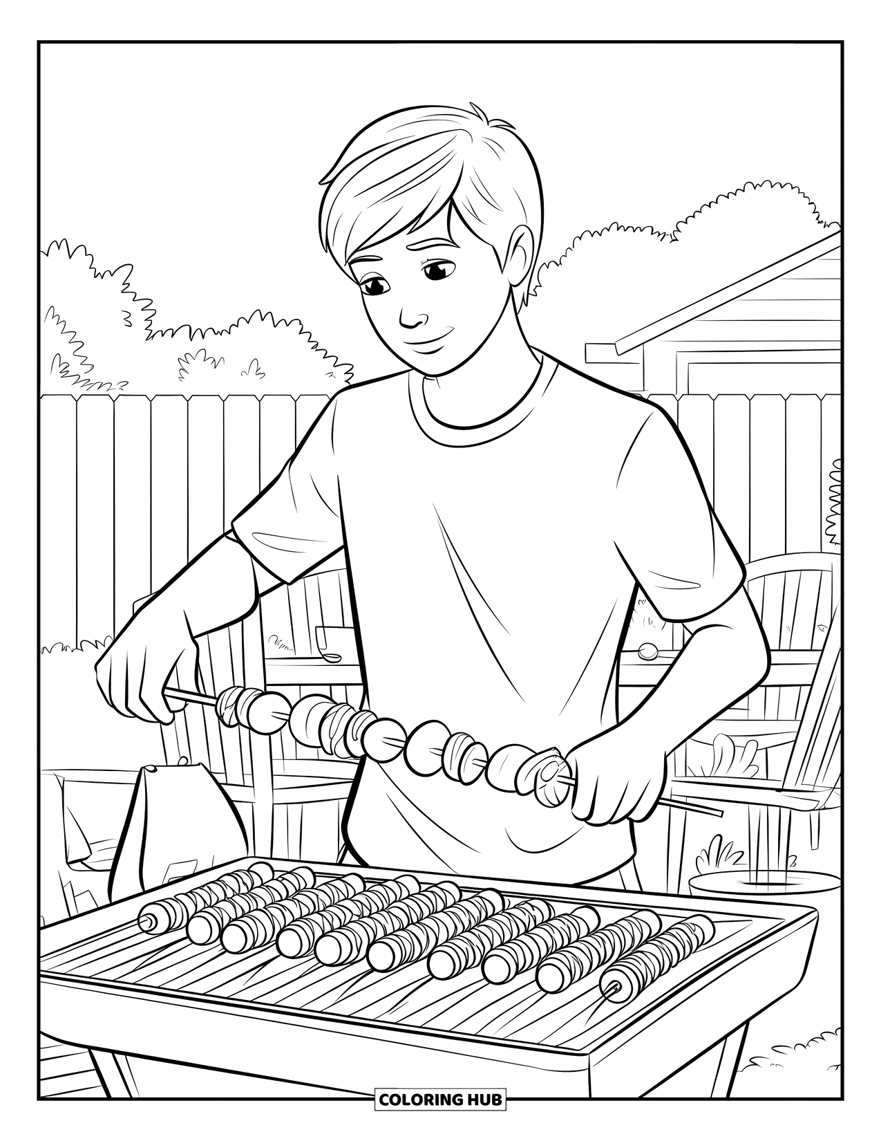 Cooking Coloring Page for Kids: A teen grilling kebabs on a backyard barbecue