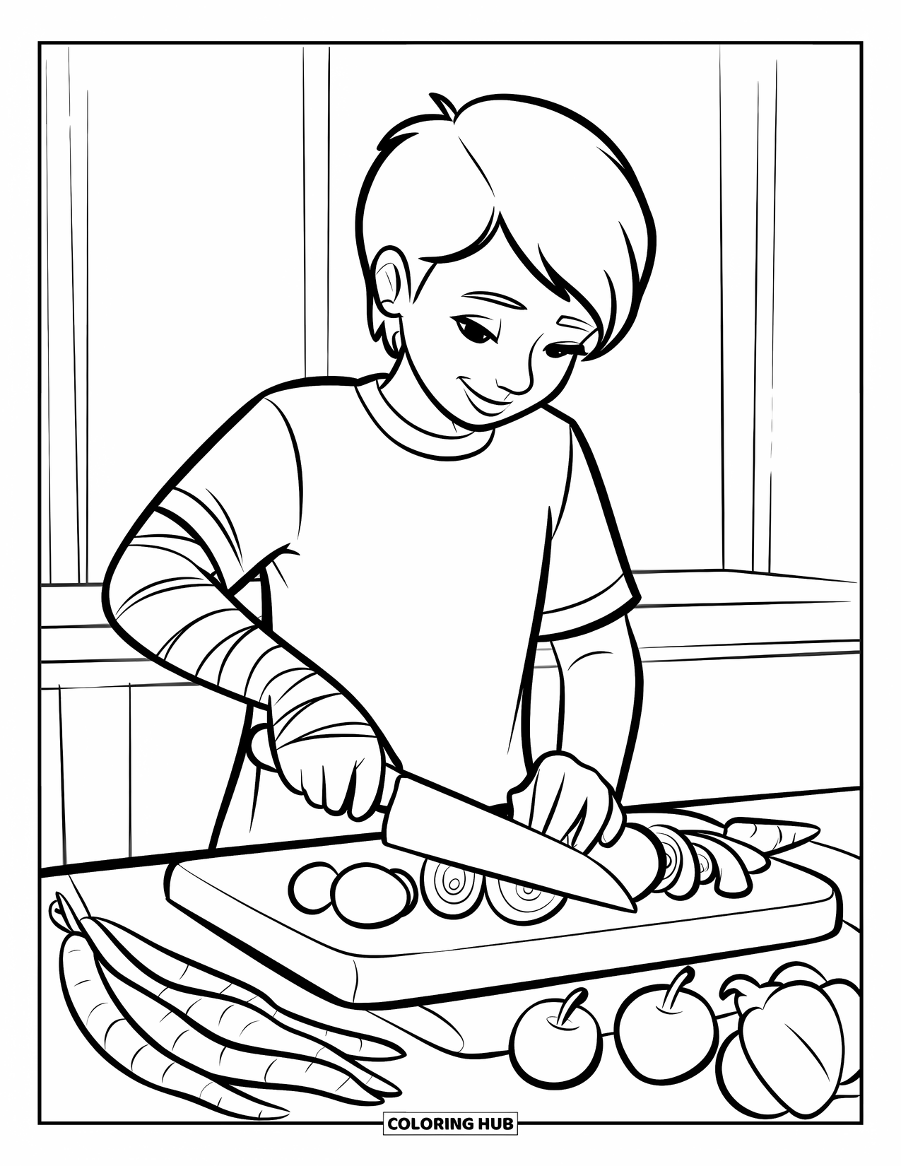 Cooking Coloring Page for Kids: A teen slicing vegetables on a board with some falling