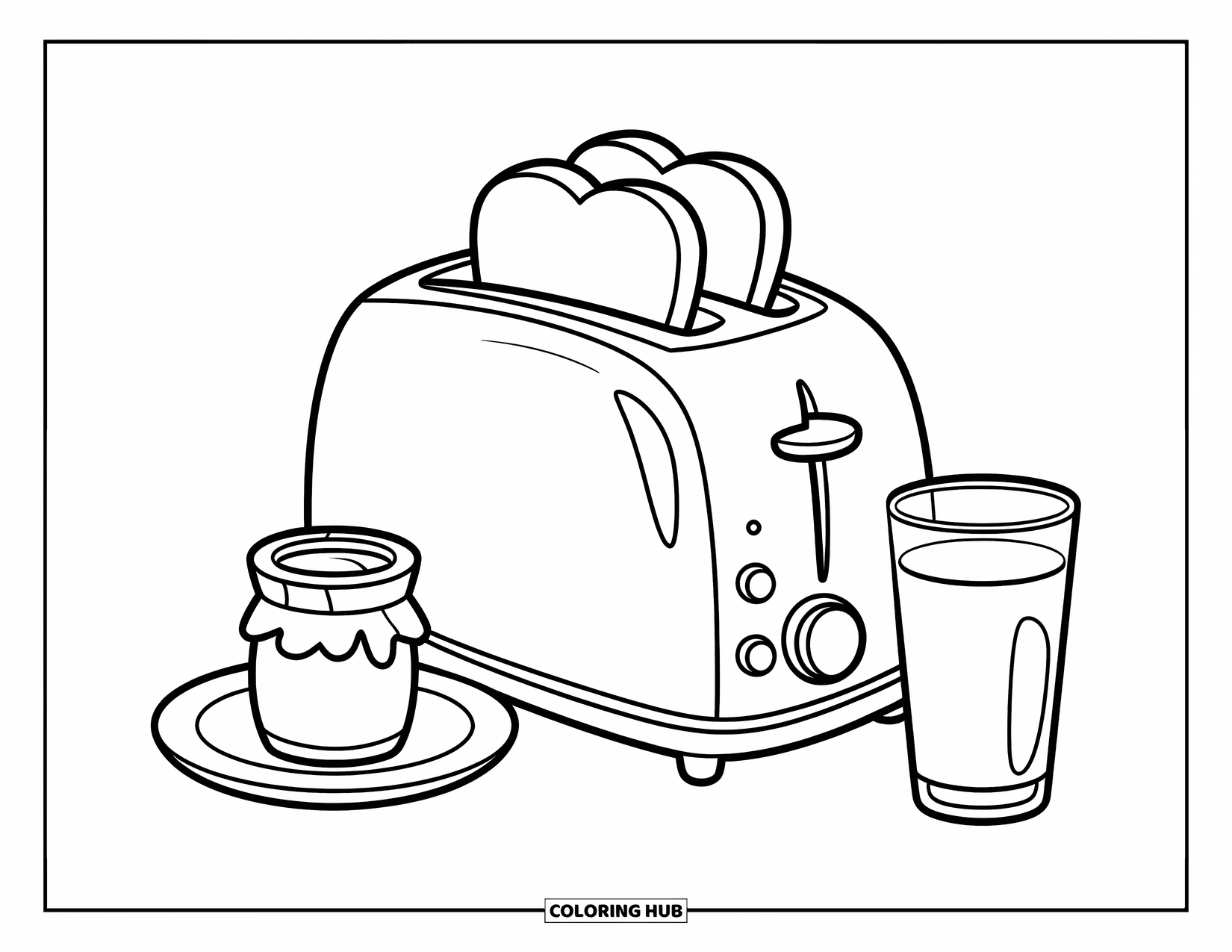 Cooking Coloring Page for Kids: A toaster popping toast with jam and milk nearby