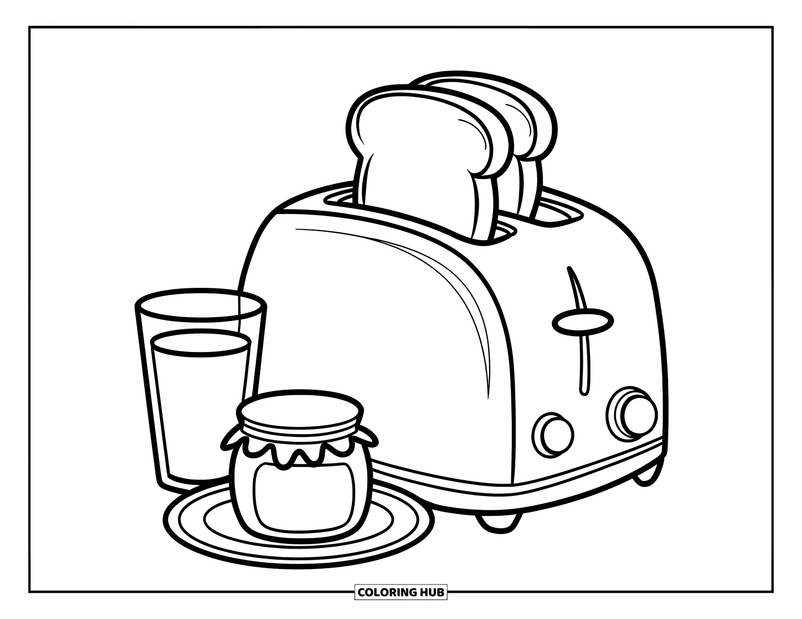 Cooking Coloring Page for Kids: A toaster with toast, jam, and milk arranged beside it