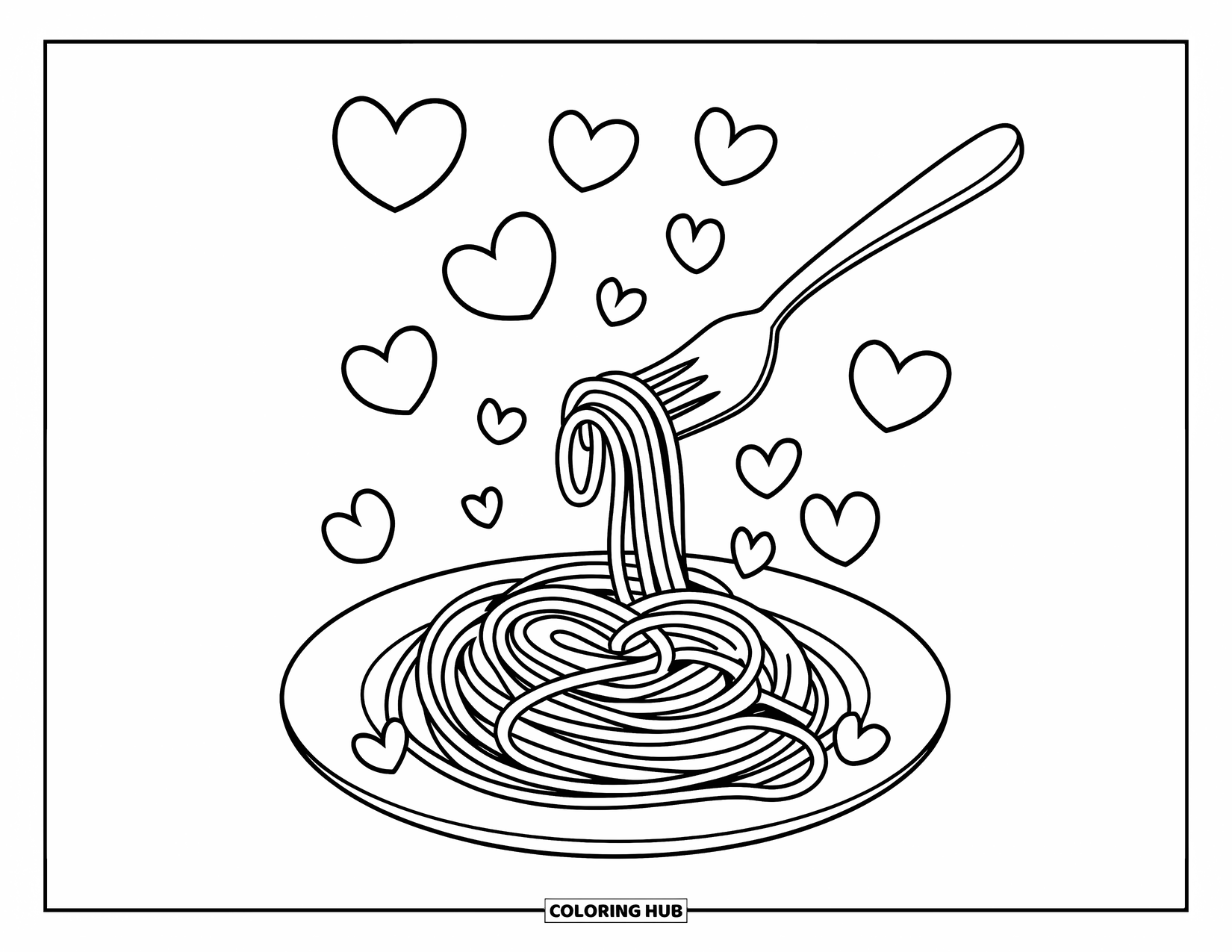 Cooking Coloring Page for Kids: Spaghetti noodles twirled on a fork with hearts scattered above