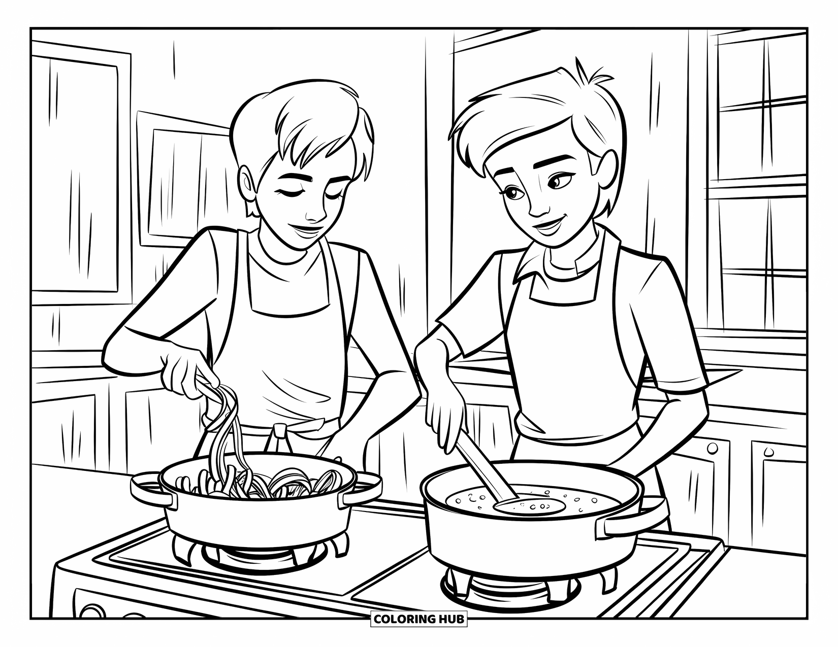 Cooking Coloring Page for Kids: Teens making pasta and sauce at the stove in aprons