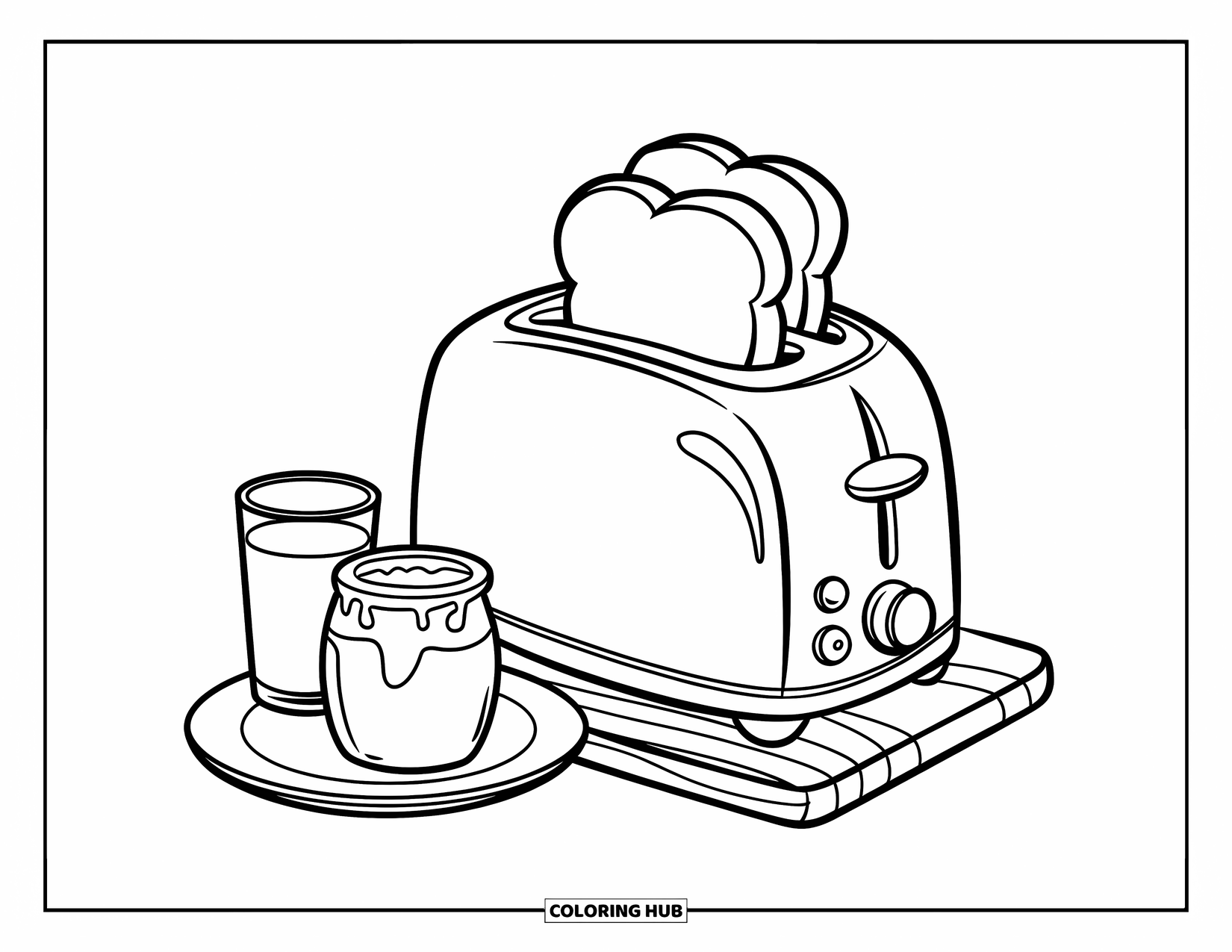 Cooking Coloring Page for Kids: Toast popping up beside jam and milk on a wooden board